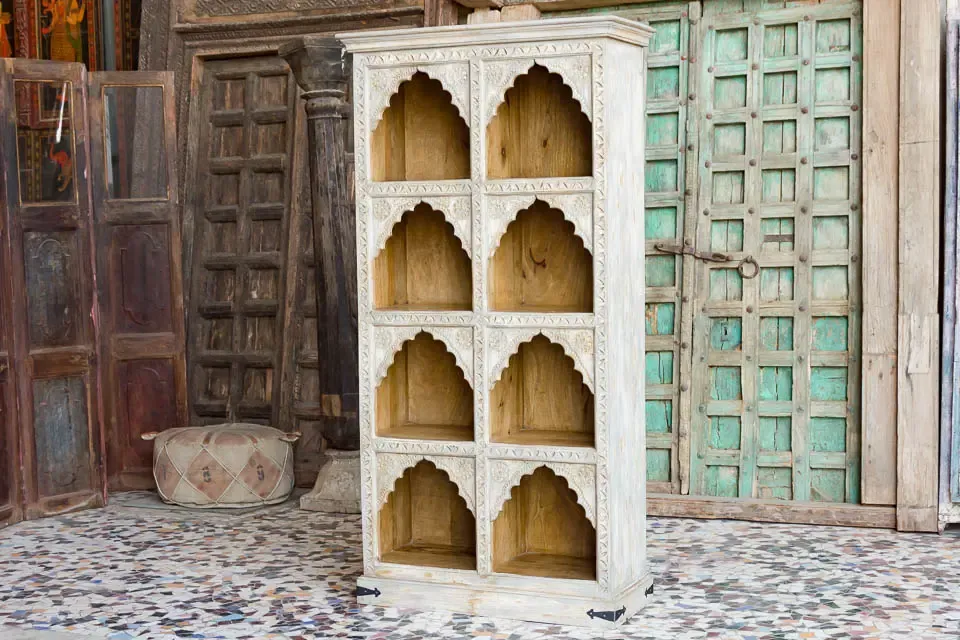 Antique Indian Mehrab Hand Carved Solid Wooden Bookshelf White 93x40x180cm A052