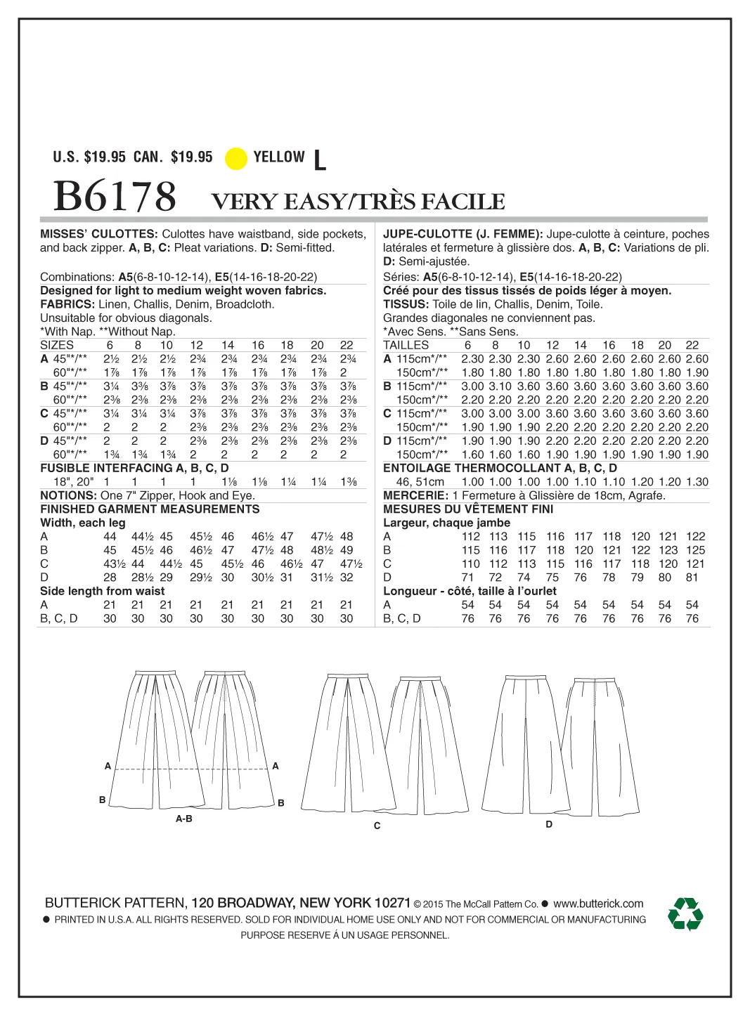 B6178 Misses' Culottes