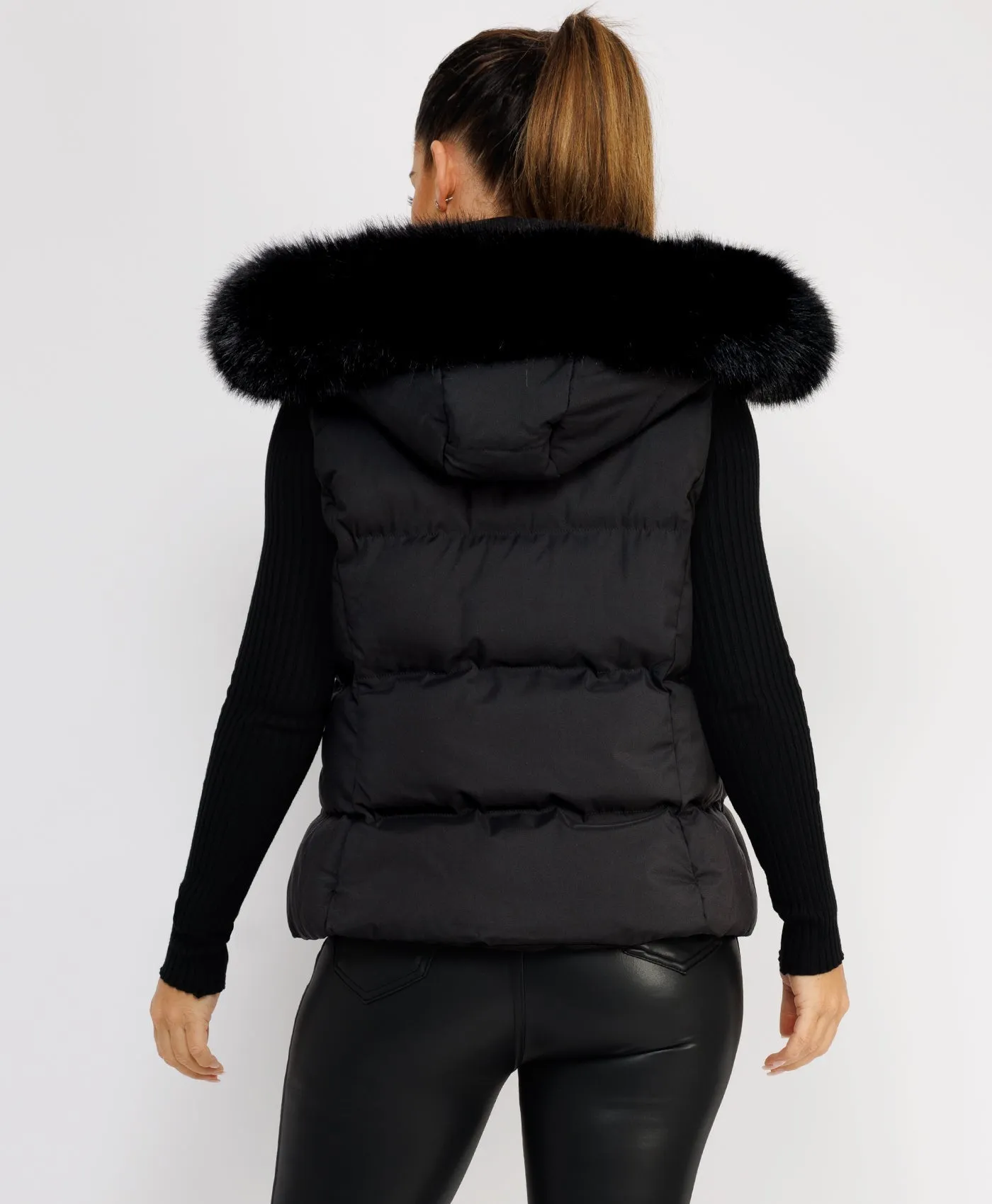 Black Fluffy Faux Fur Trim Hood Puffer Gilet Vest