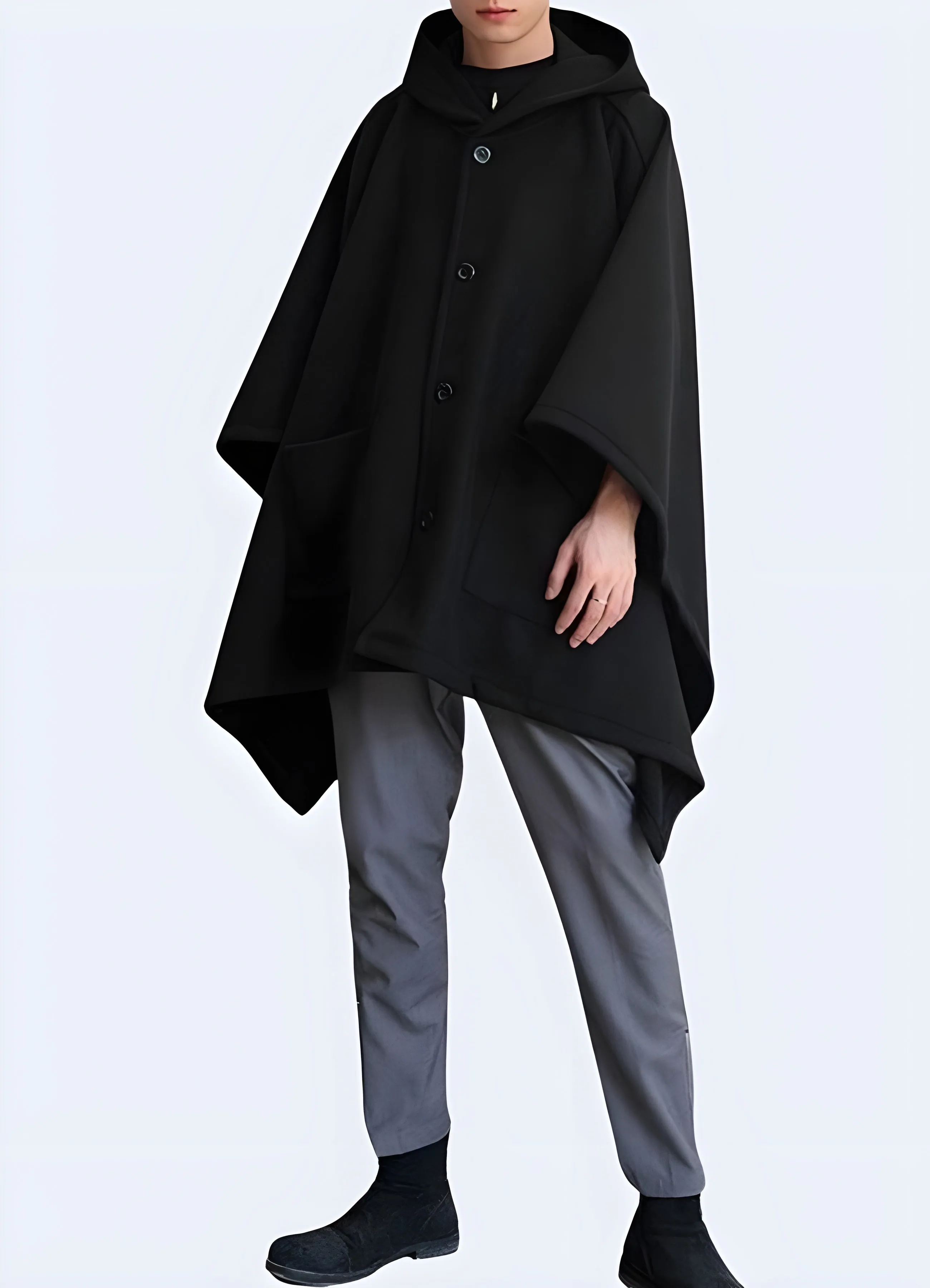 Black Hooded Poncho With Pockets