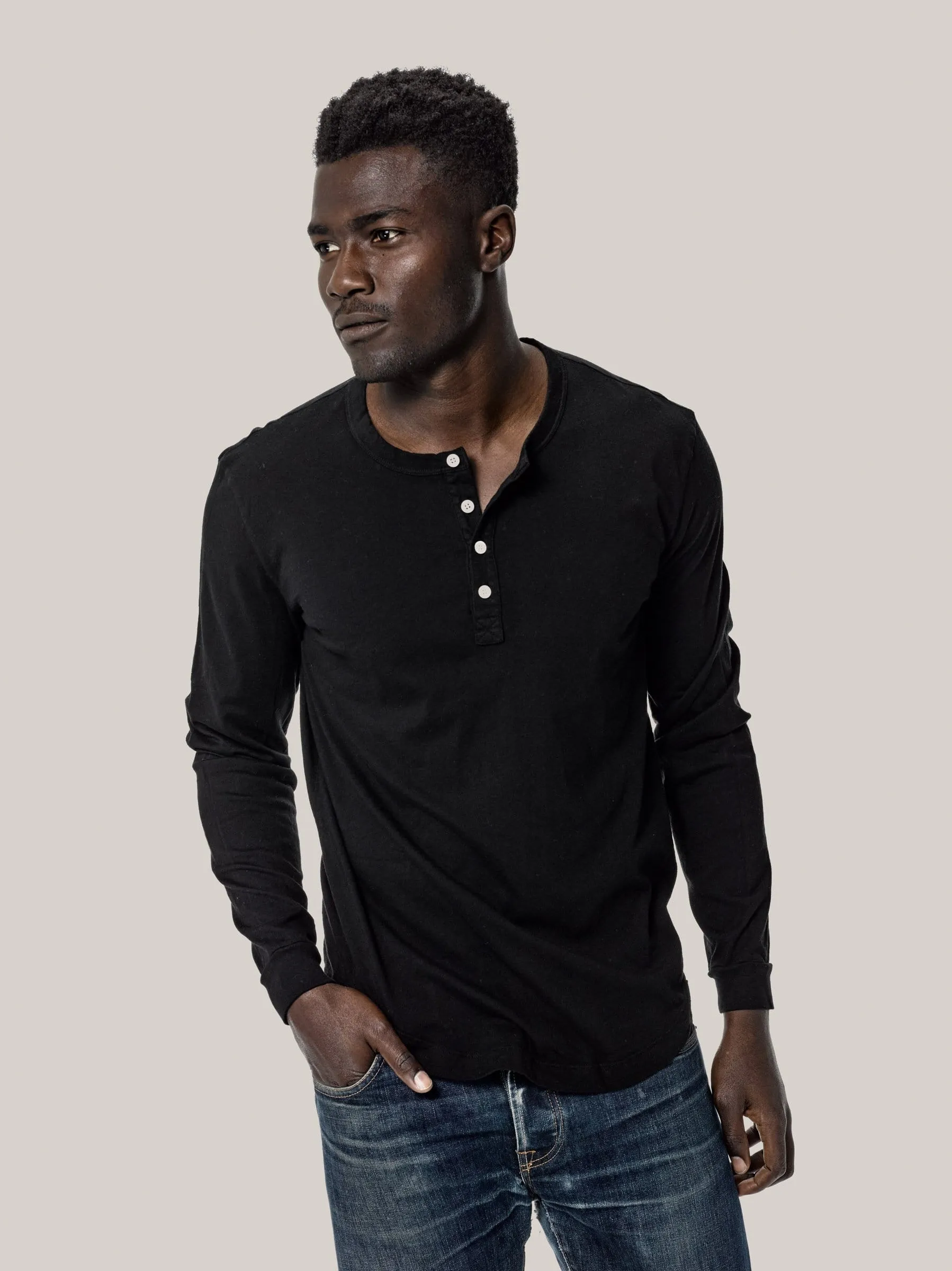 Black Pima Curved Hem Henley