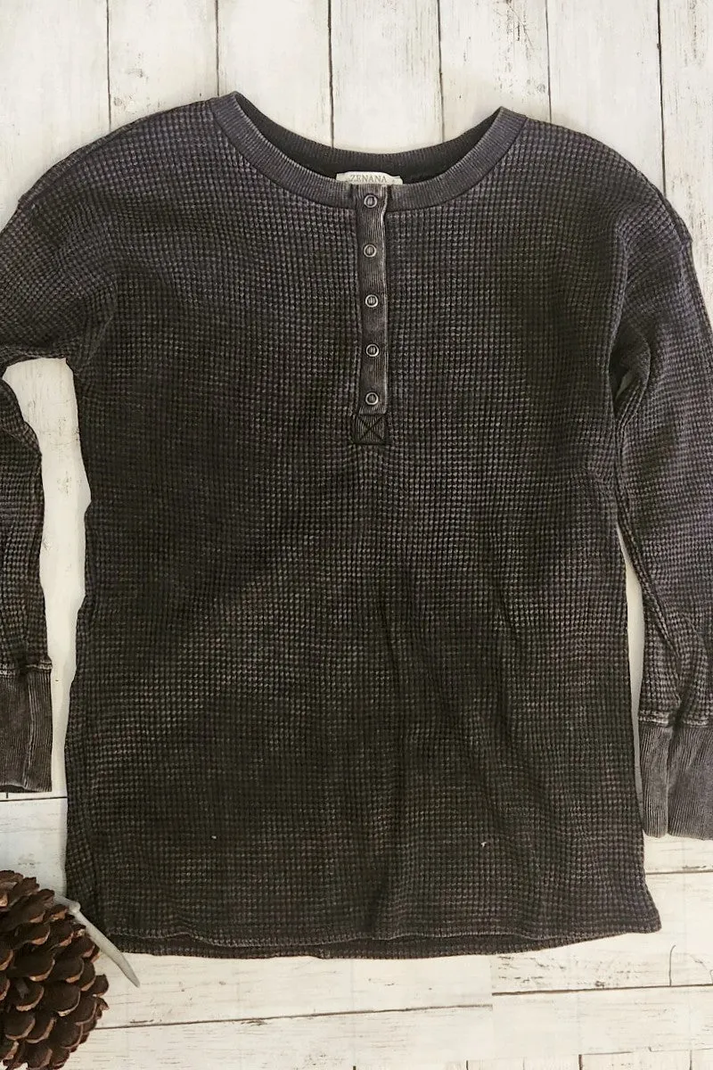 Black Washed Waffle Henley Top