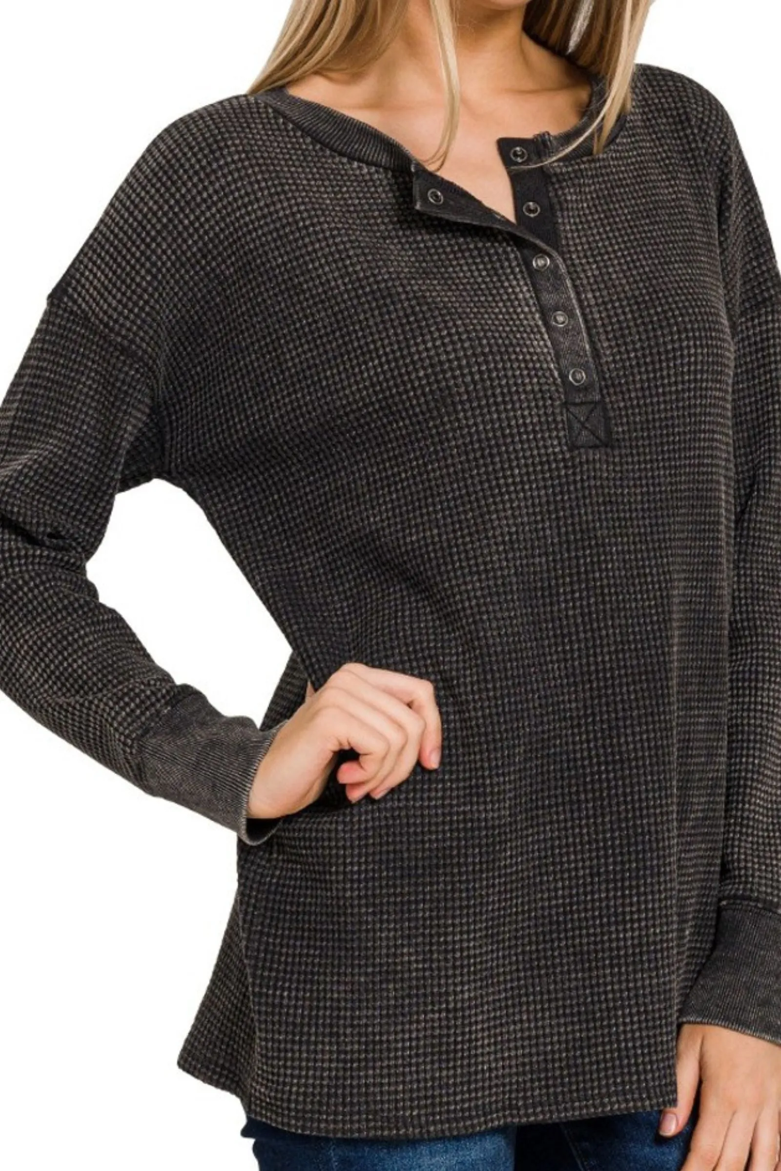 Black Washed Waffle Henley Top