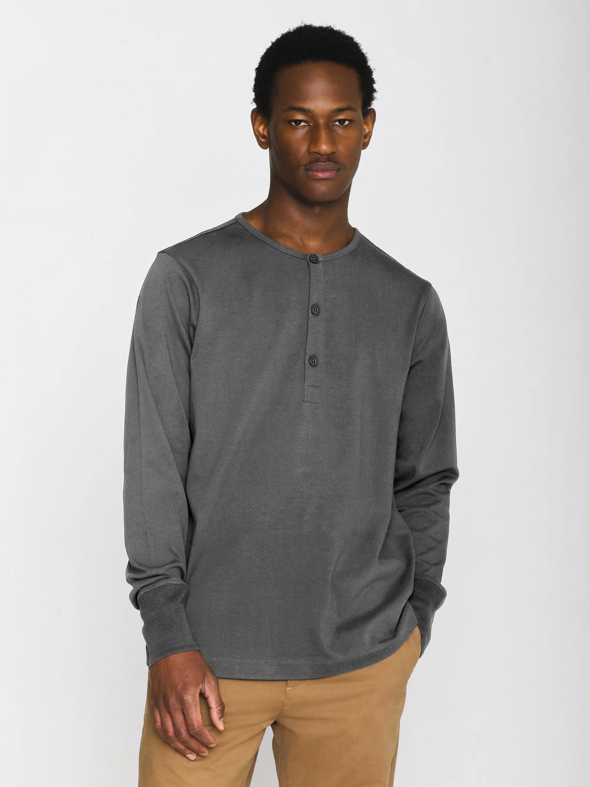 BO long sleeve henley - Regenerative Organic Certified™ - GOTS/Vegan - Dark Grey Melange