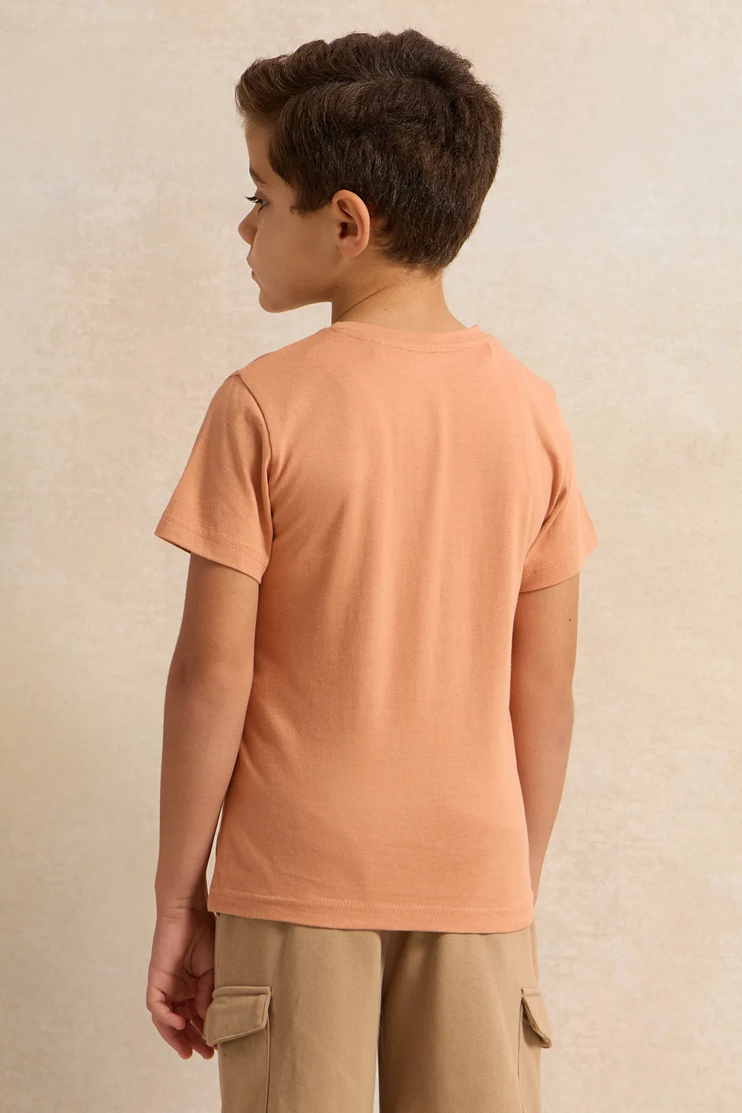 Boys Beige Solid Short Sleeve Henley T-Shirt