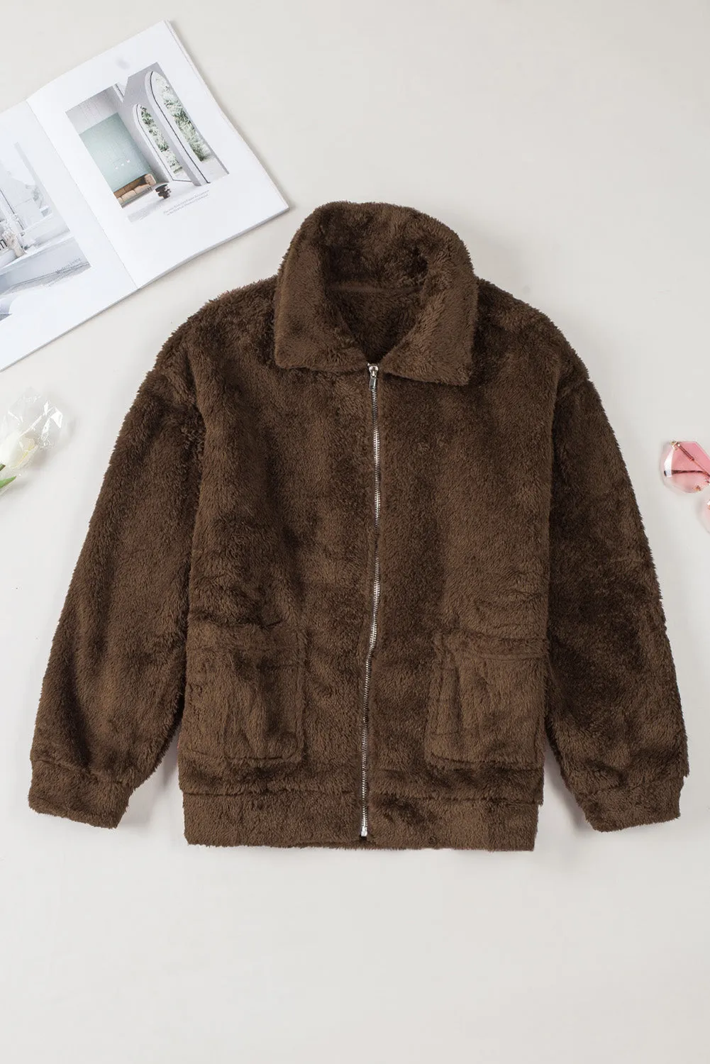 Brown Plush Zip-Up Jacket