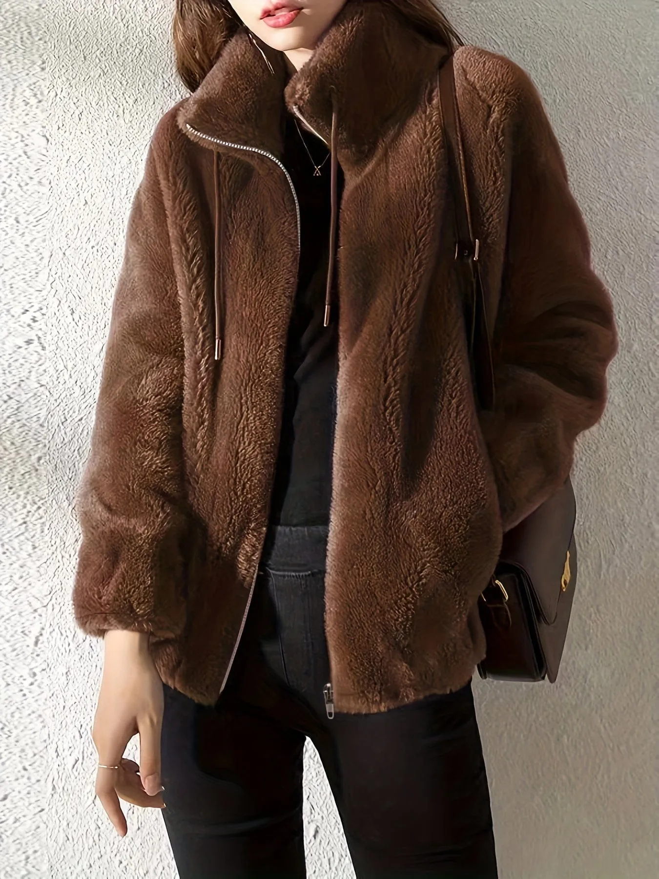 Brown Plush Zip-Up Jacket