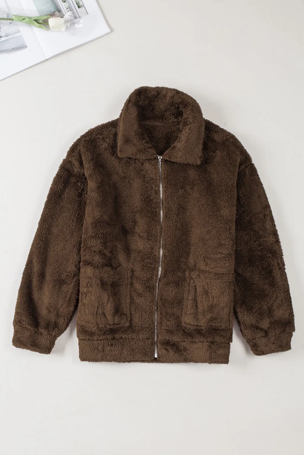 Brown Plush Zip-Up Jacket