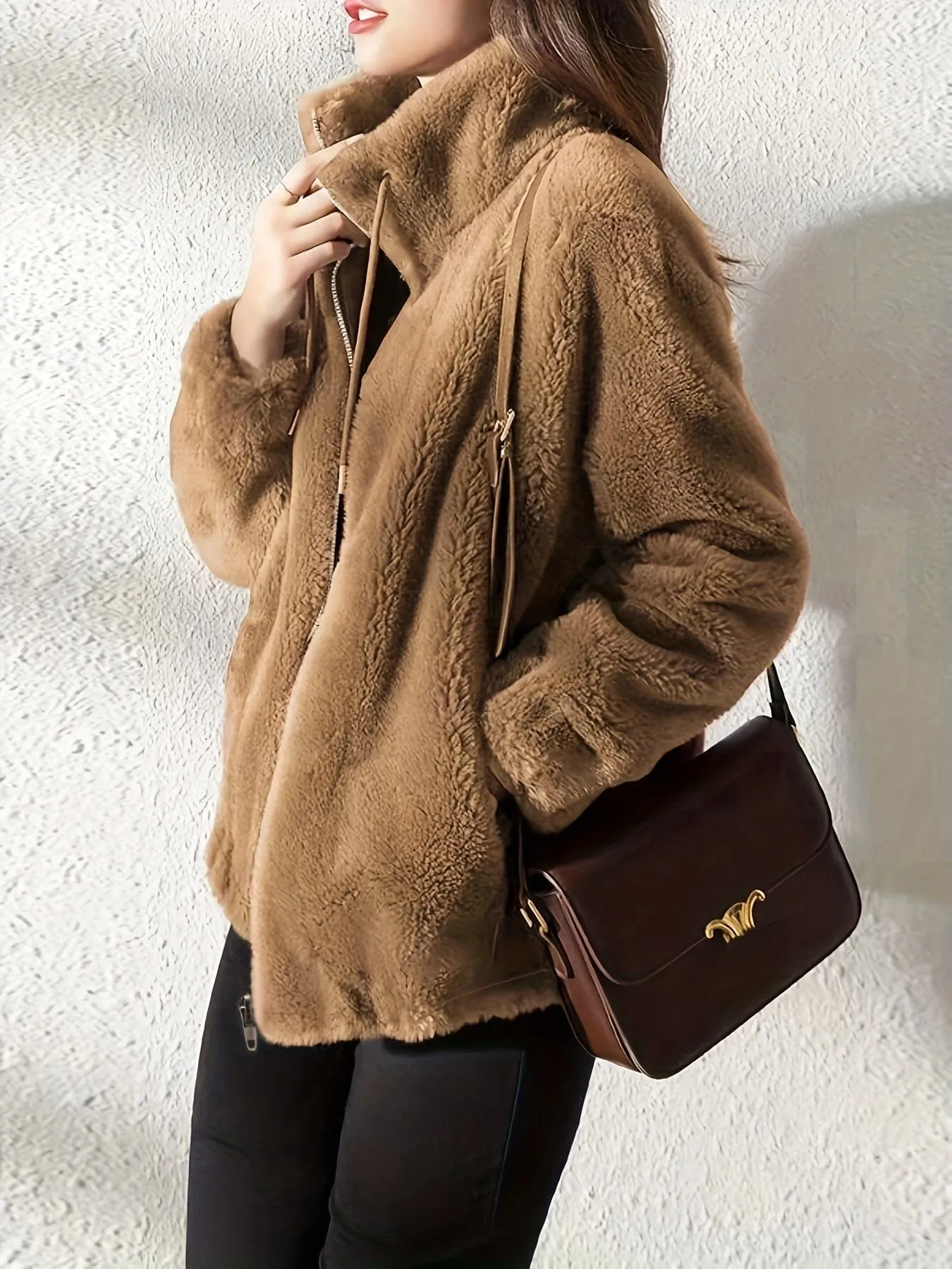 Brown Plush Zip-Up Jacket