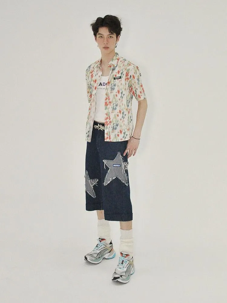 Dark Wash Denim Culottes With Star Appliqués