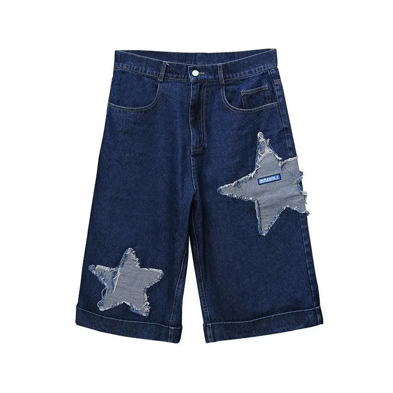 Dark Wash Denim Culottes With Star Appliqués