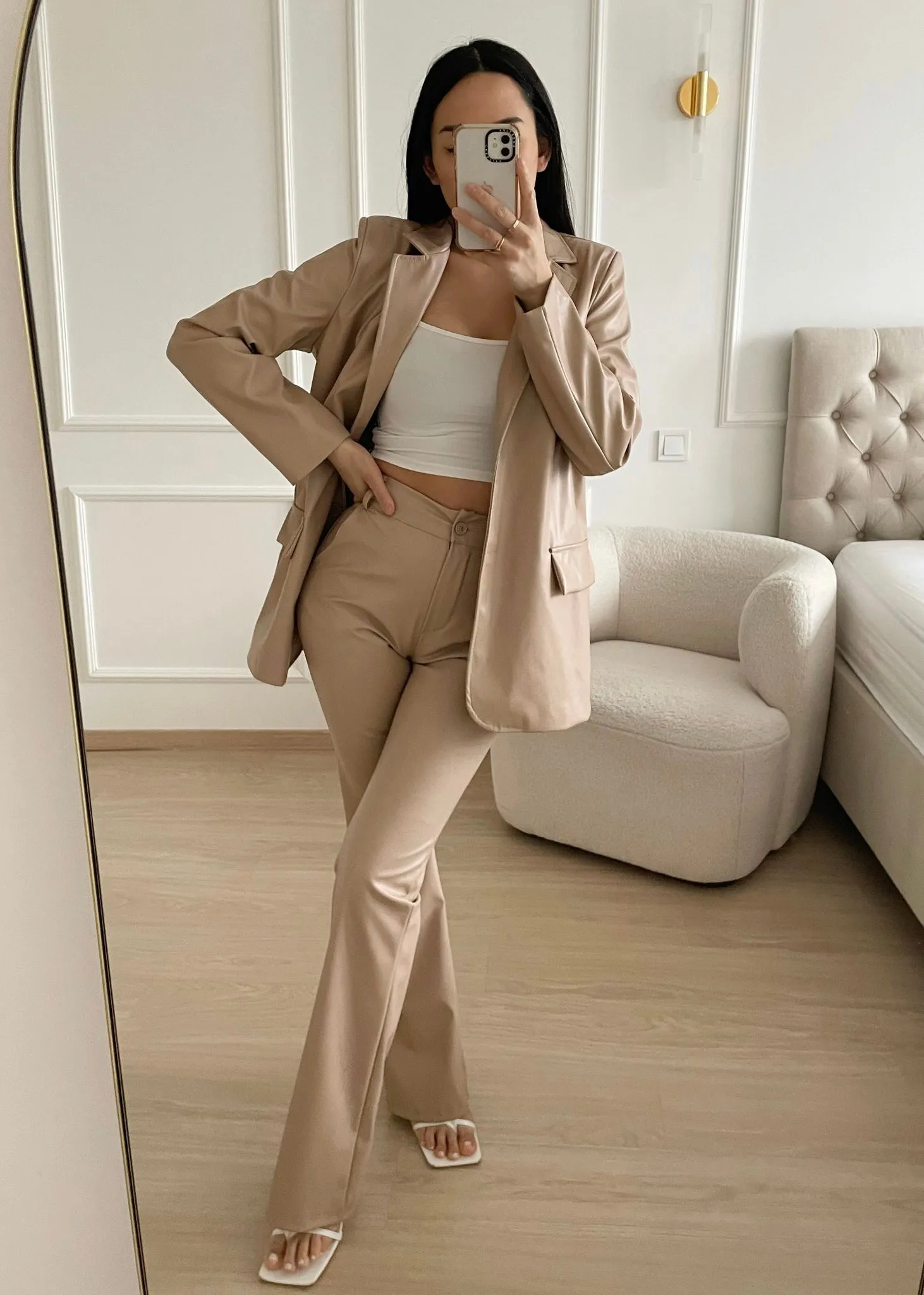 Flared pants leatherlook nude