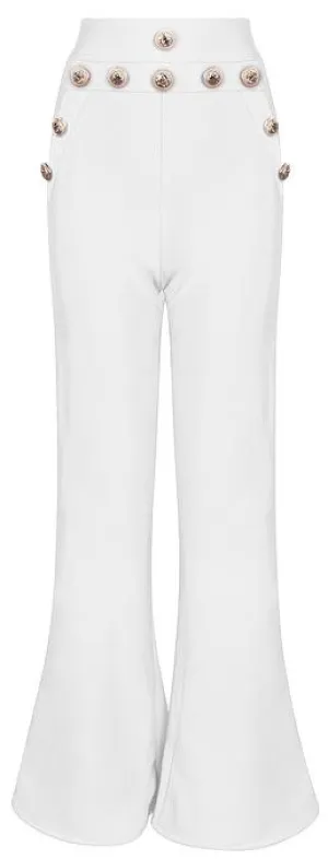 Gold Lion-Head Button-Embellished Stretch Flared Leg Pants, White