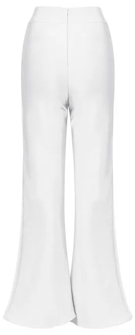 Gold Lion-Head Button-Embellished Stretch Flared Leg Pants, White