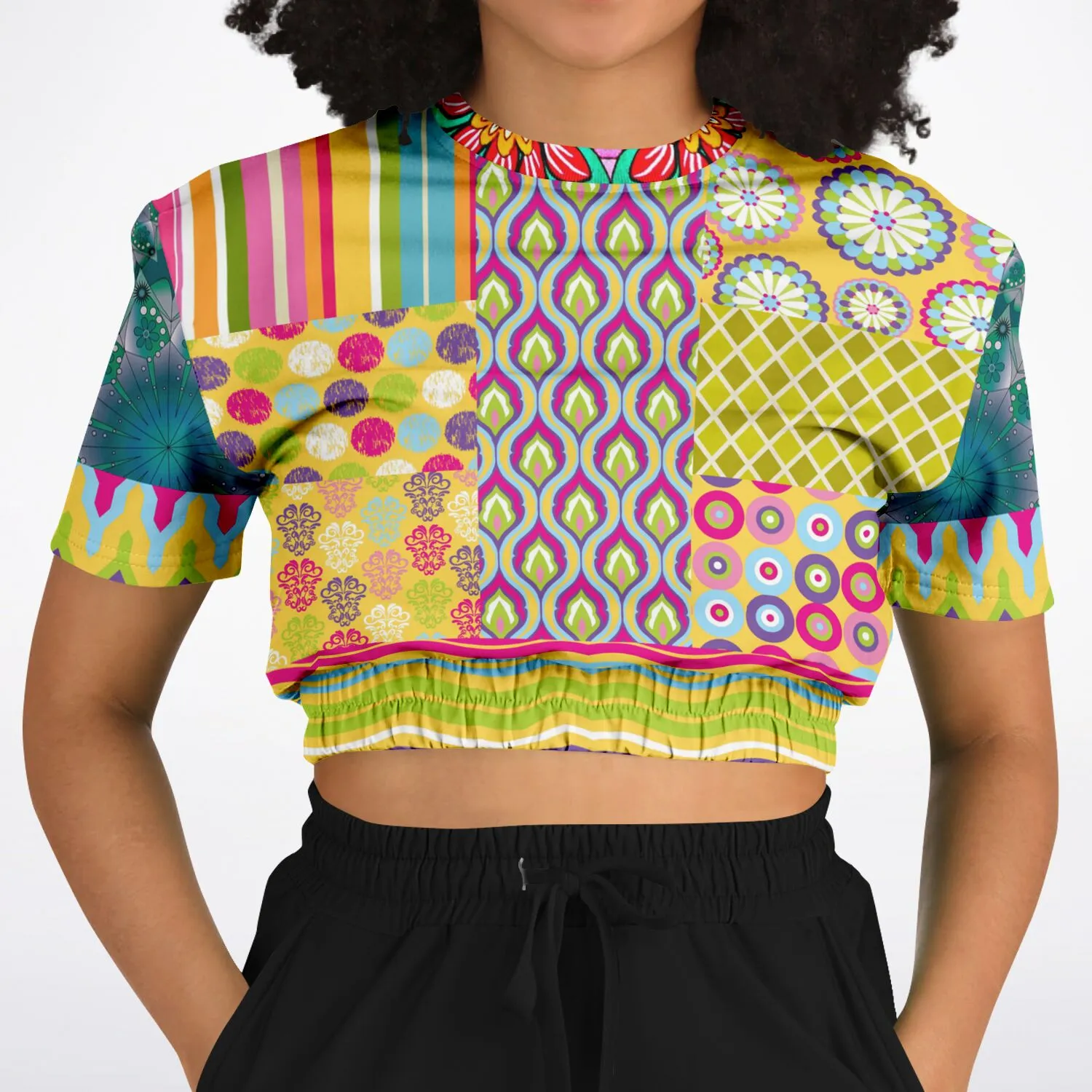 Hello Janis! Green Geo Print Short Sleeve Eco-Poly Cropped Sweater