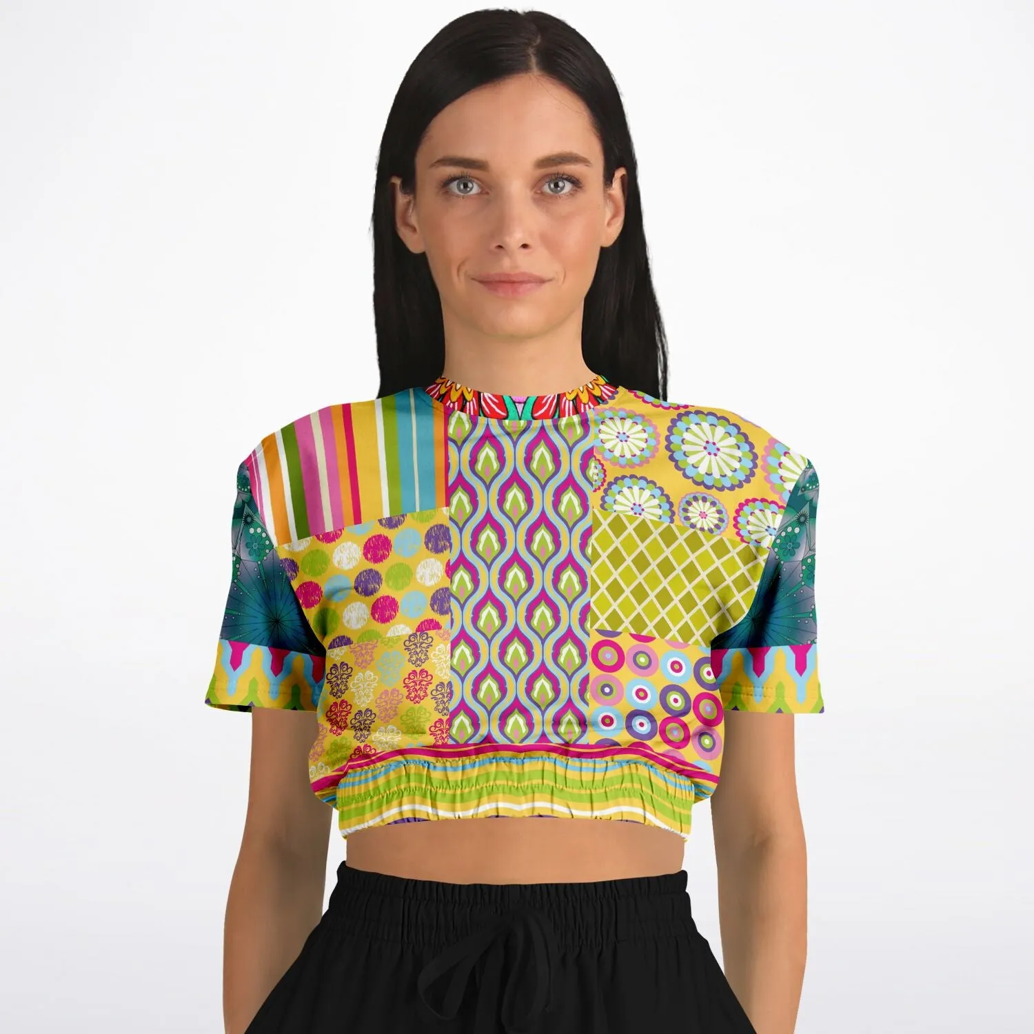 Hello Janis! Green Geo Print Short Sleeve Eco-Poly Cropped Sweater