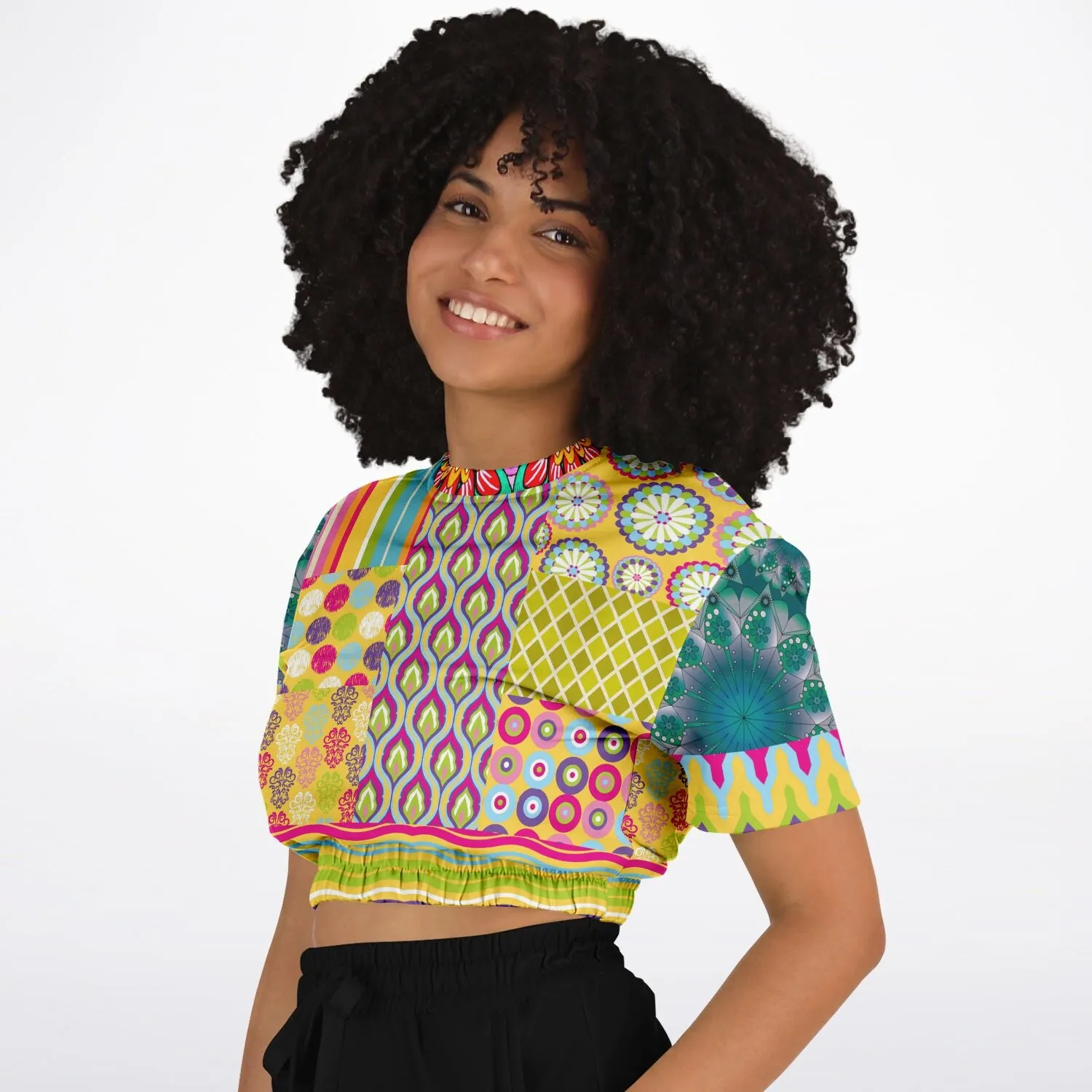 Hello Janis! Green Geo Print Short Sleeve Eco-Poly Cropped Sweater