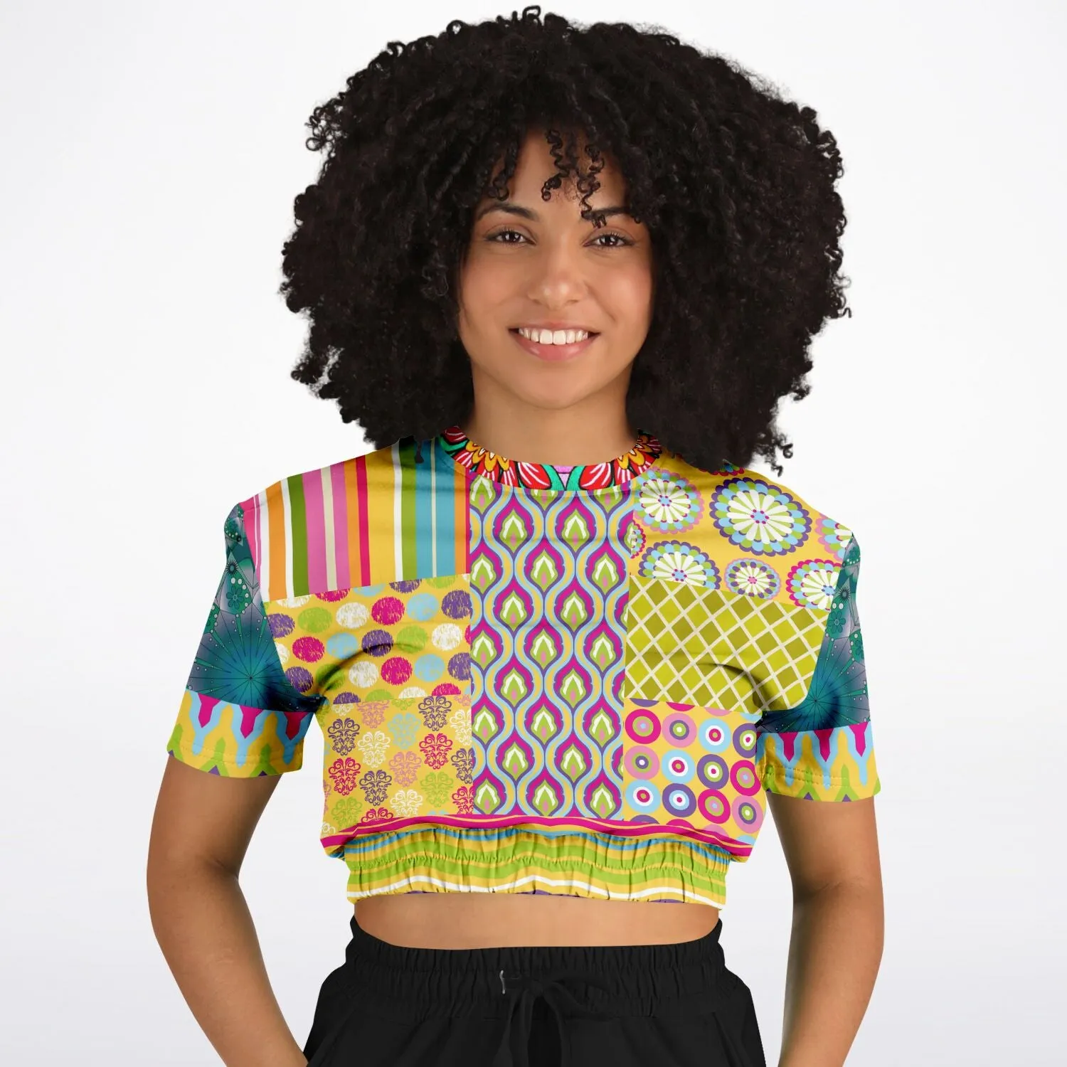 Hello Janis! Green Geo Print Short Sleeve Eco-Poly Cropped Sweater