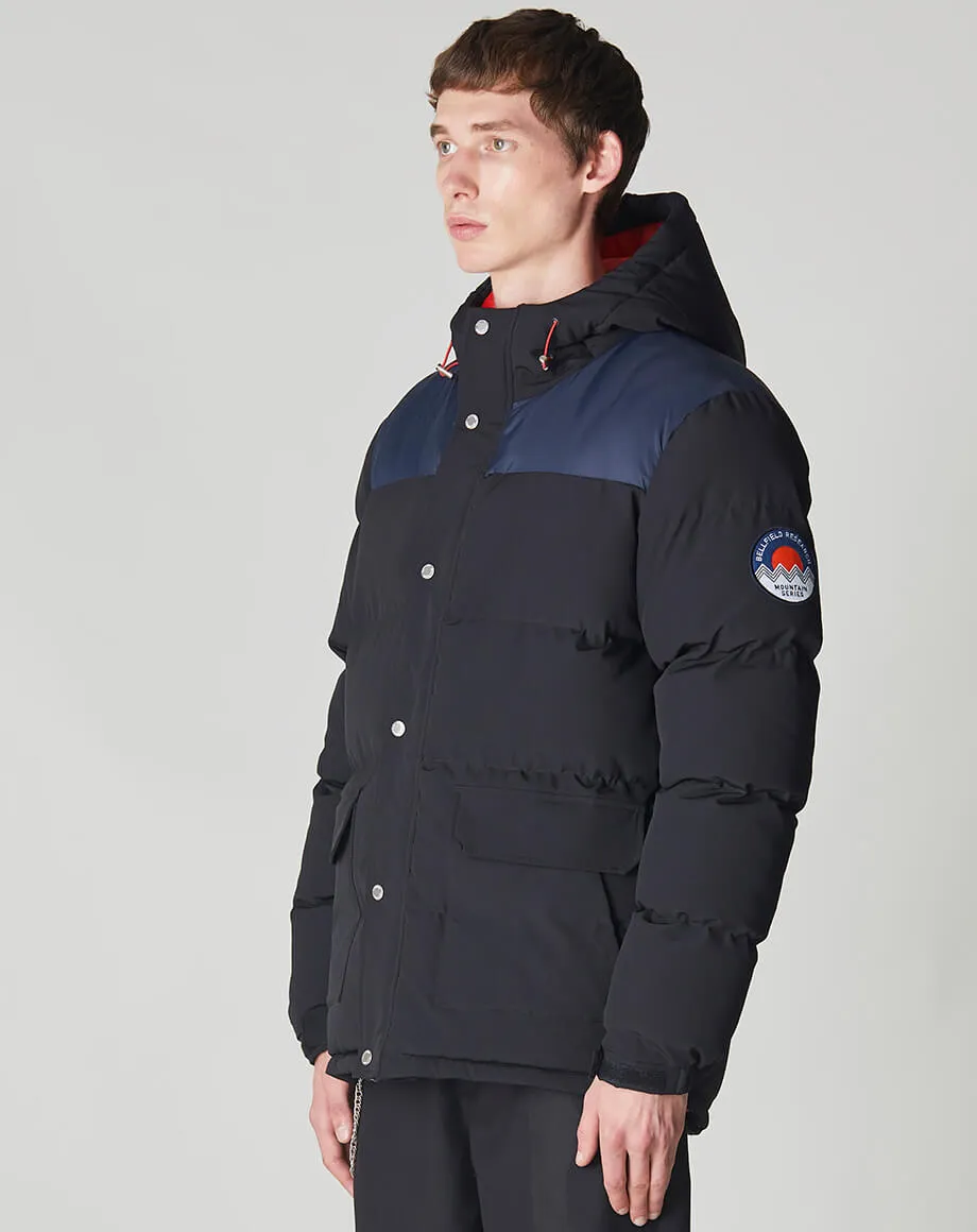 HORRU COLOUR BLOCK MOUNTAIN MENS PUFFER JACKET | BLACK