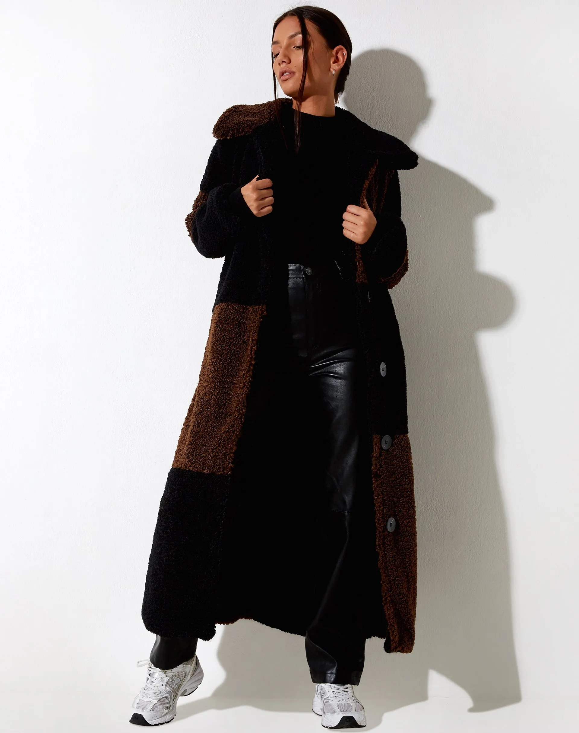 Humus Teddy Coat in Panelled Chocolate and Black