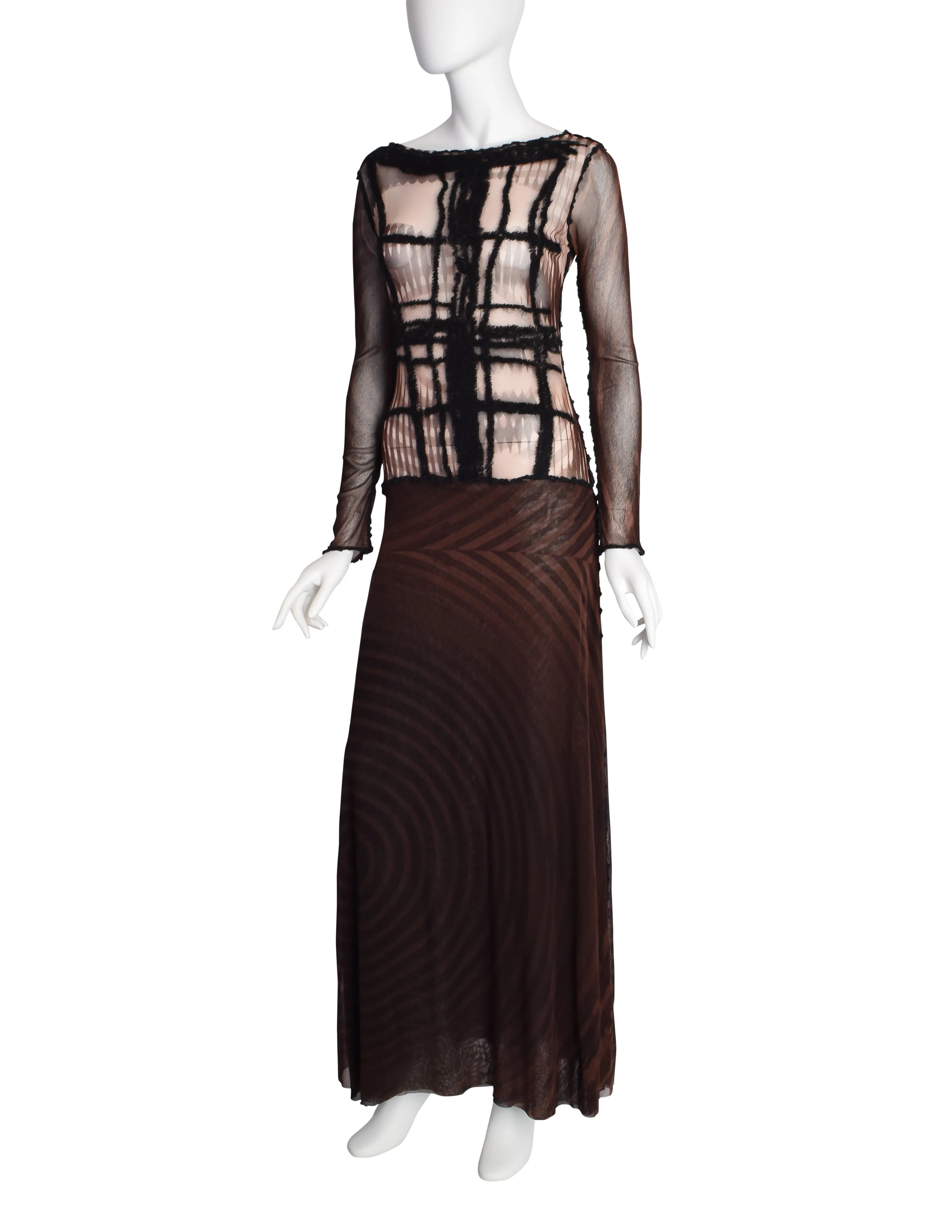 Jean Paul Gaultier Vintage Brown and Black Graphic Greta Garbo Face Print Mesh Maxi Dress