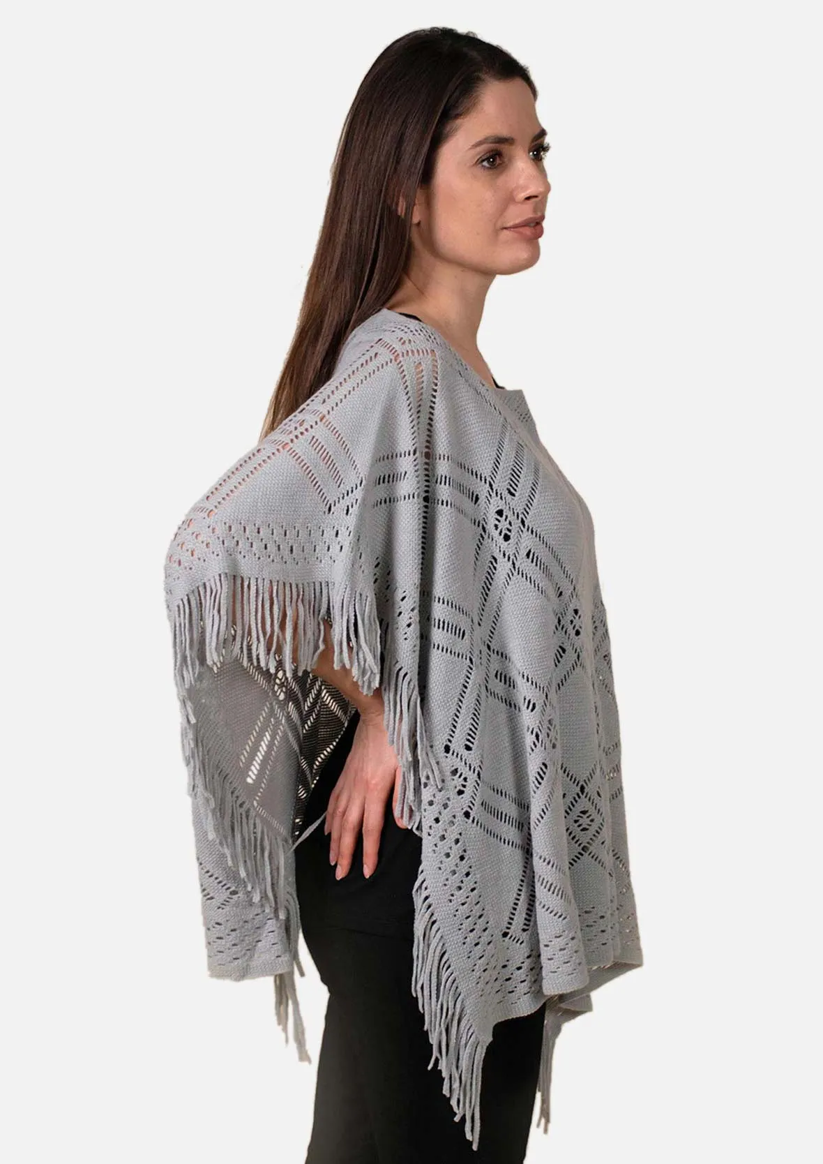 Knitted Poncho With Fringe Detailing