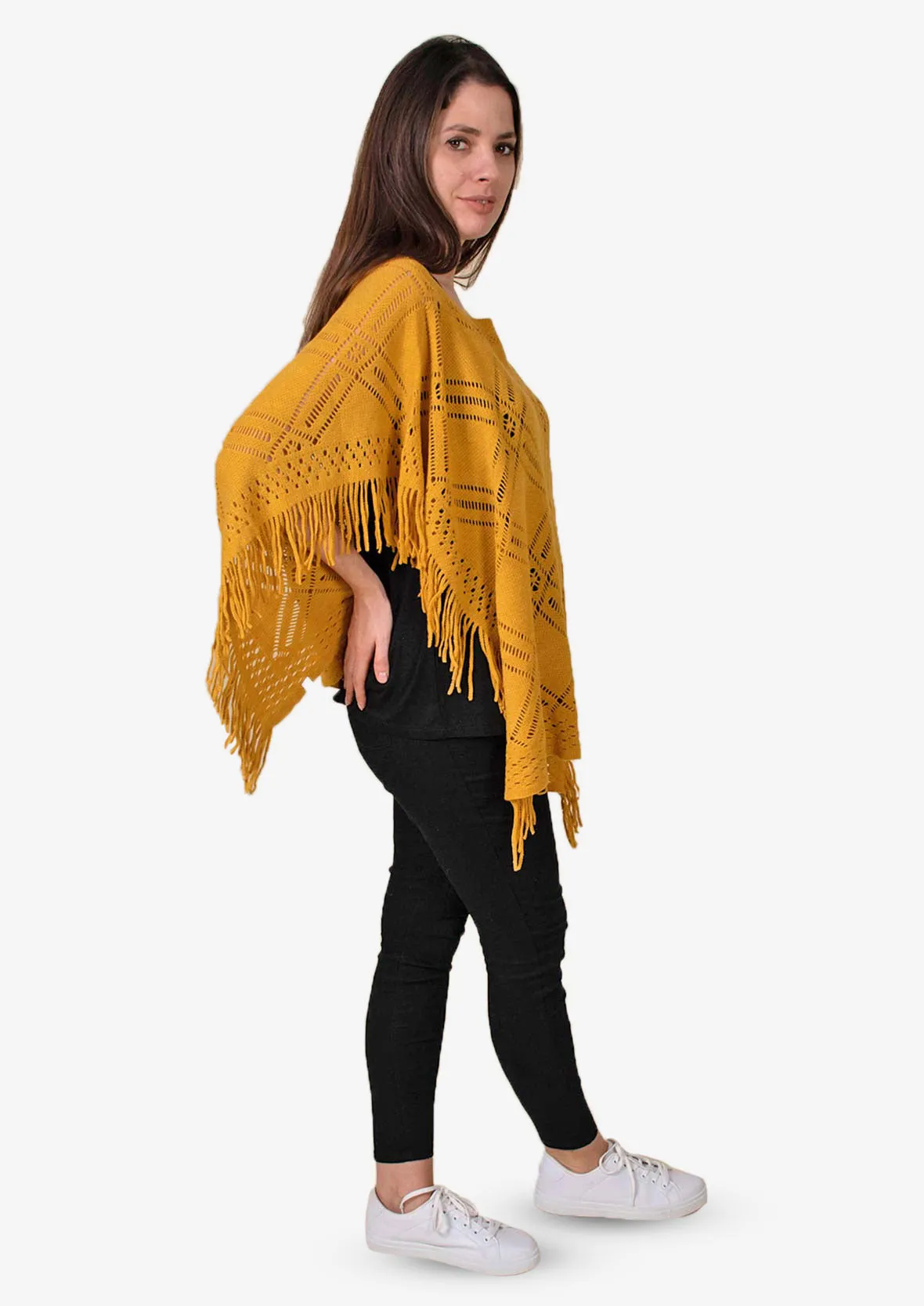 Knitted Poncho With Fringe Detailing