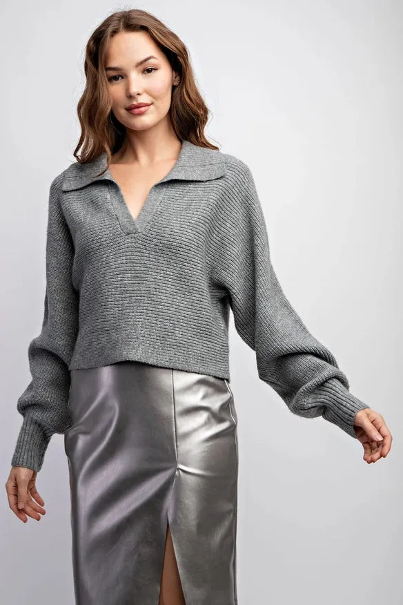 Long Dolman Sleeve Ribbed Crop Sweater Top  Grey