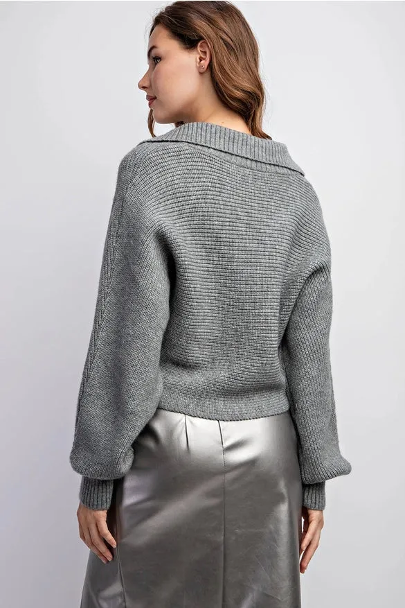 Long Dolman Sleeve Ribbed Crop Sweater Top  Grey