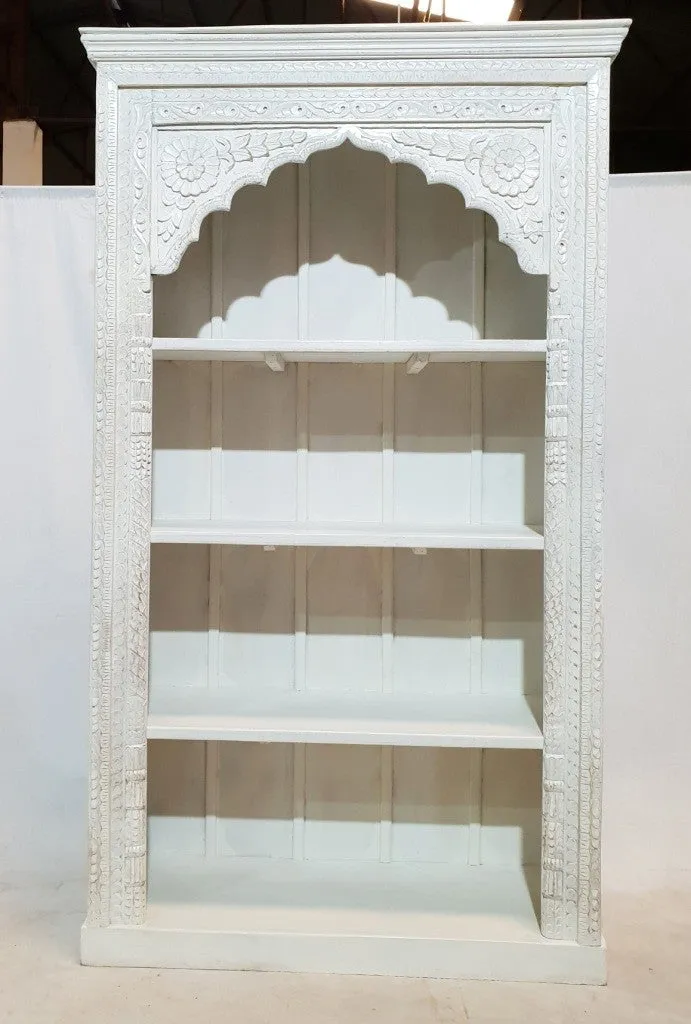 Mehrab Hand Carved Jharokha arch design Solid Wood Large Bookshelf White 126x46x214cm