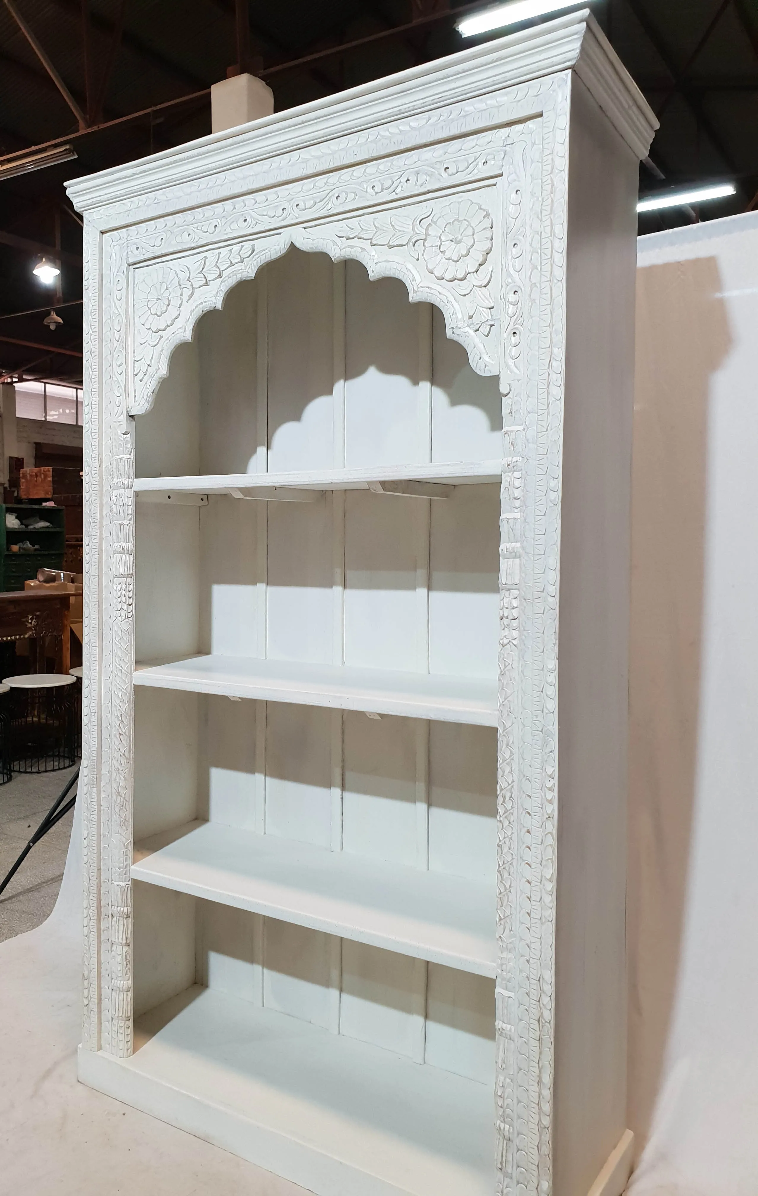 Mehrab Hand Carved Jharokha arch design Solid Wood Large Bookshelf White 126x46x214cm