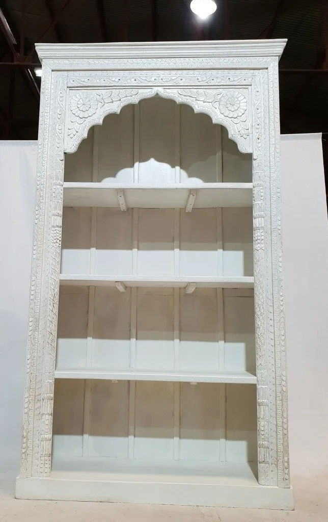 Mehrab Hand Carved Jharokha arch design Solid Wood Large Bookshelf White 126x46x214cm