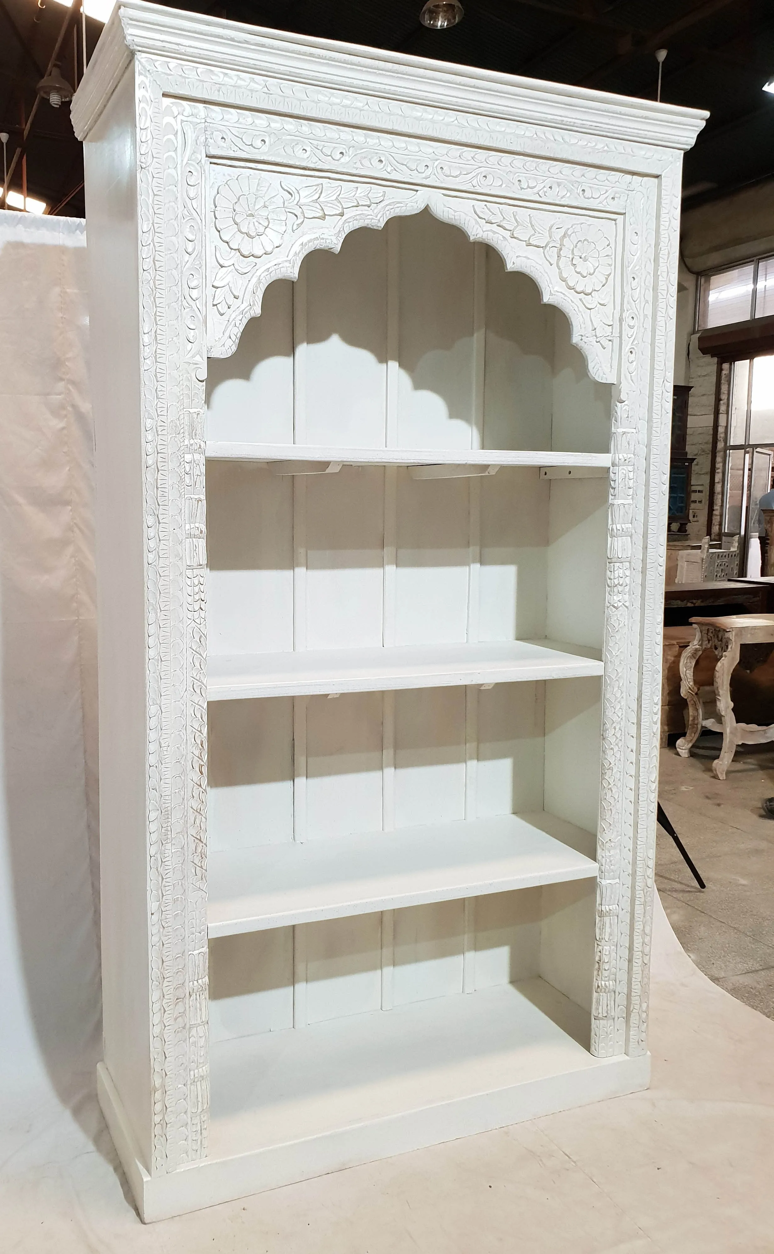 Mehrab Hand Carved Jharokha arch design Solid Wood Large Bookshelf White 126x46x214cm