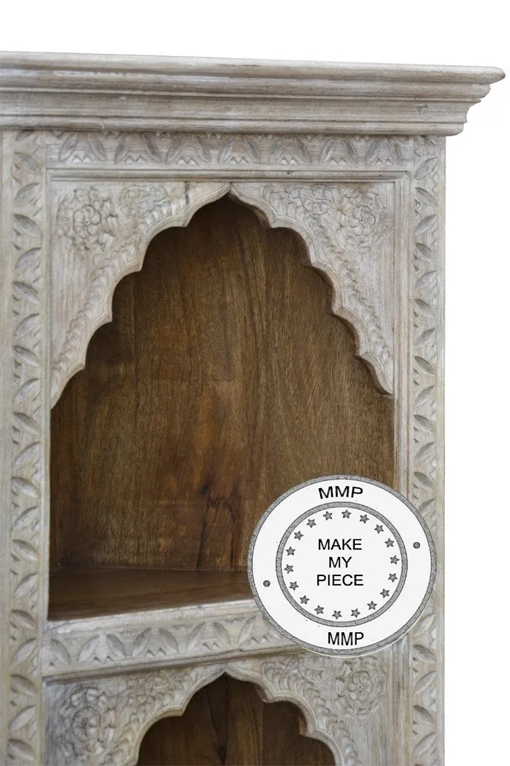 Mehrab Hand Craved Indian Wooden Carved Small Bookshelf White 50x40x100cm