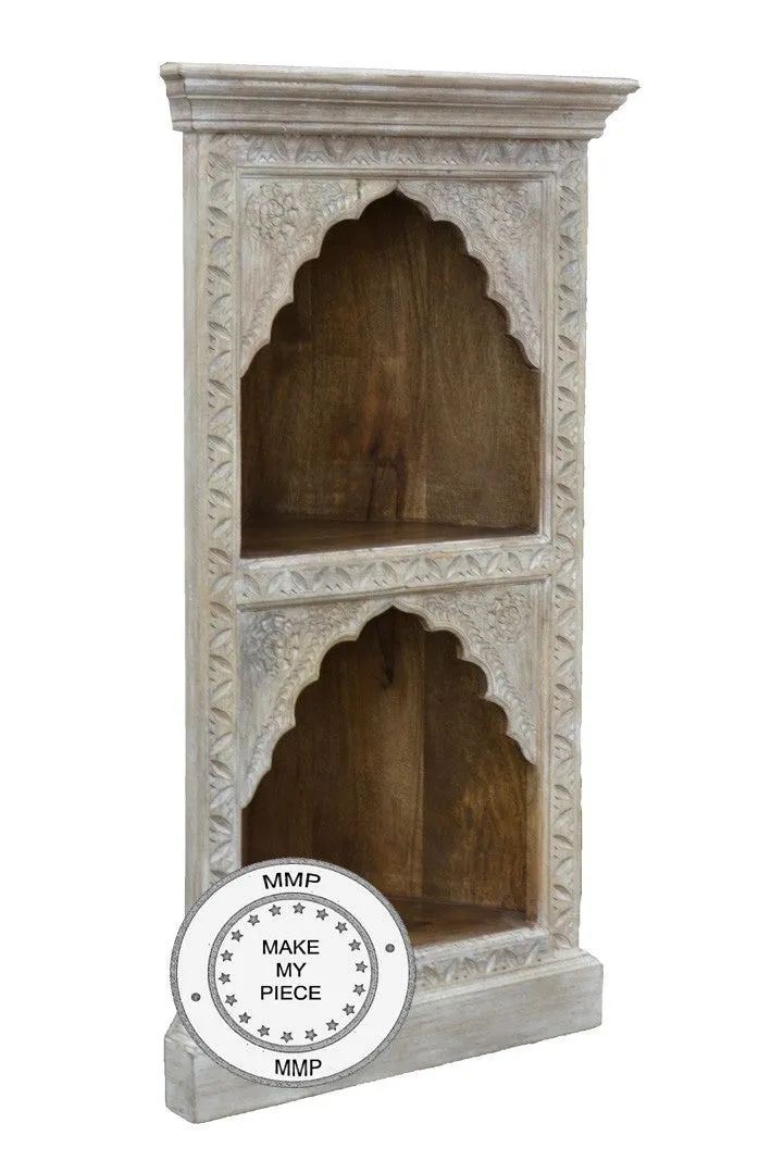 Mehrab Hand Craved Indian Wooden Carved Small Bookshelf White 50x40x100cm