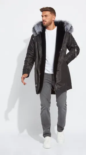 Mens Black Water-Repellent Luxy Fur Parka - 3/4 Silver Fox