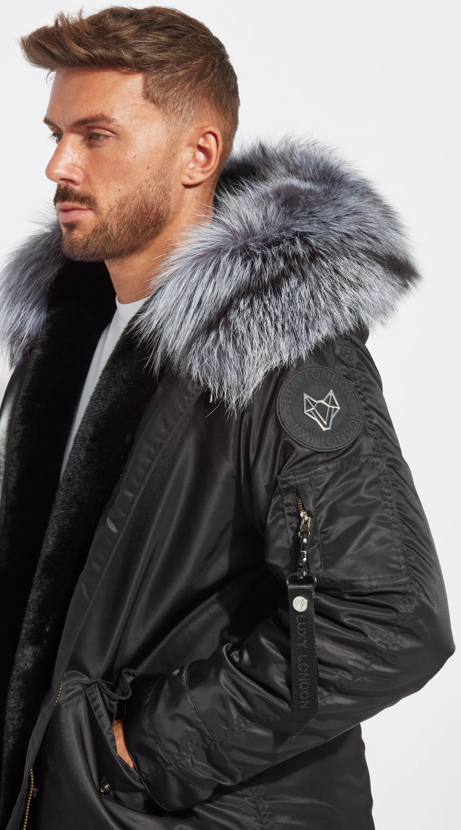 Mens Black Water-Repellent Luxy Fur Parka - 3/4 Silver Fox