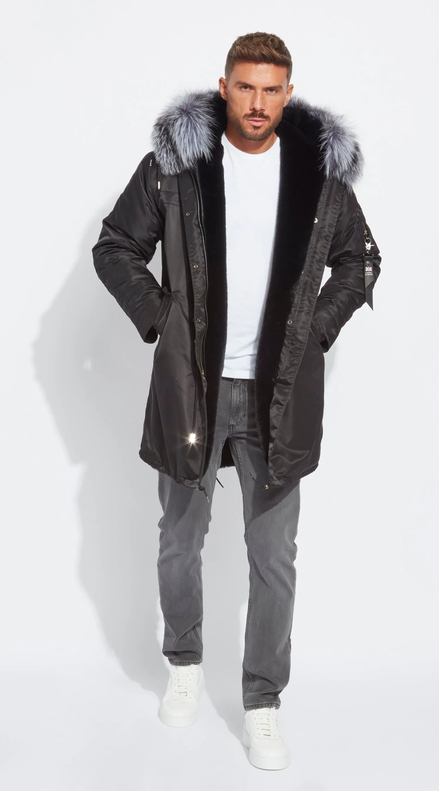 Mens Black Water-Repellent Luxy Fur Parka - 3/4 Silver Fox