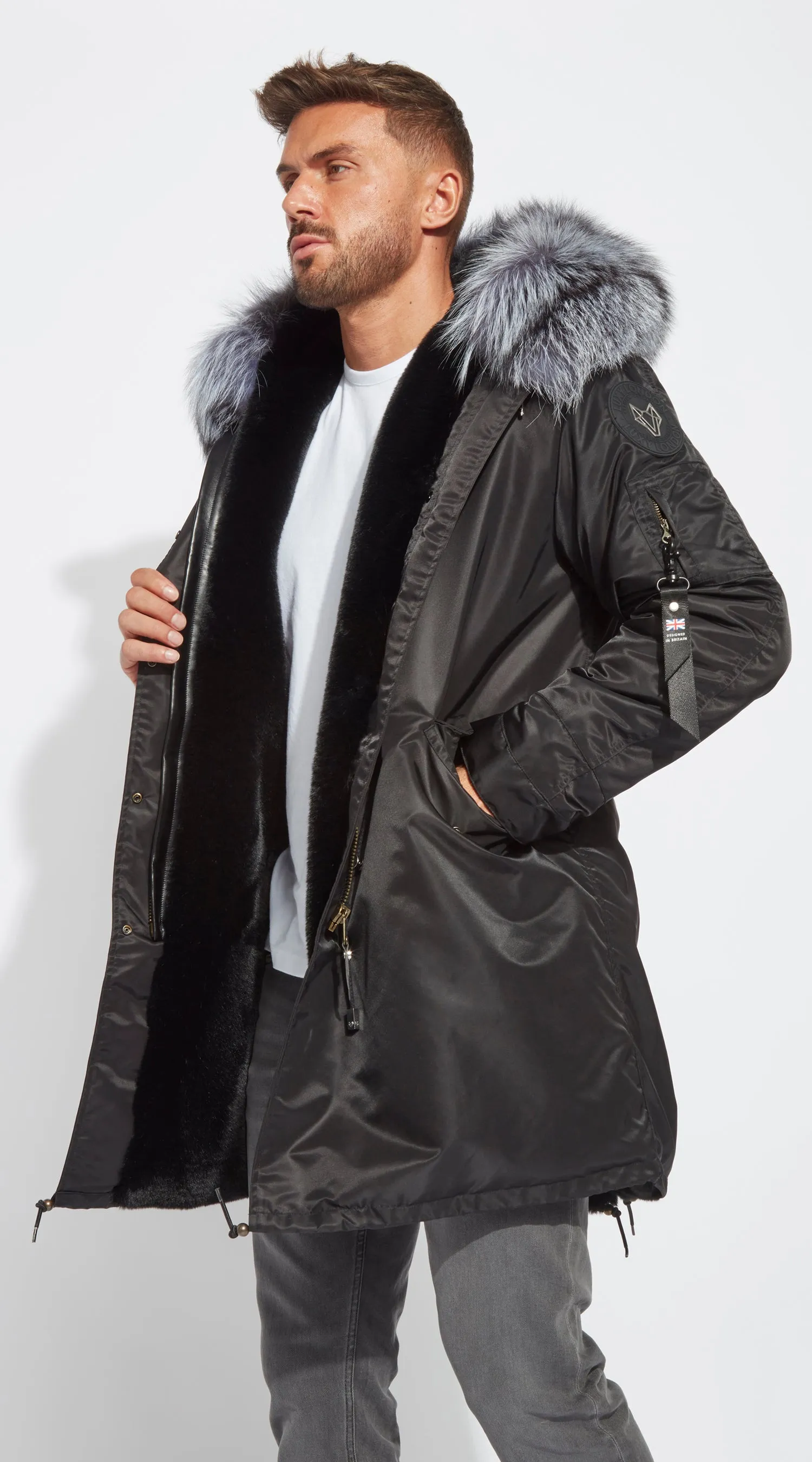 Mens Black Water-Repellent Luxy Fur Parka - 3/4 Silver Fox