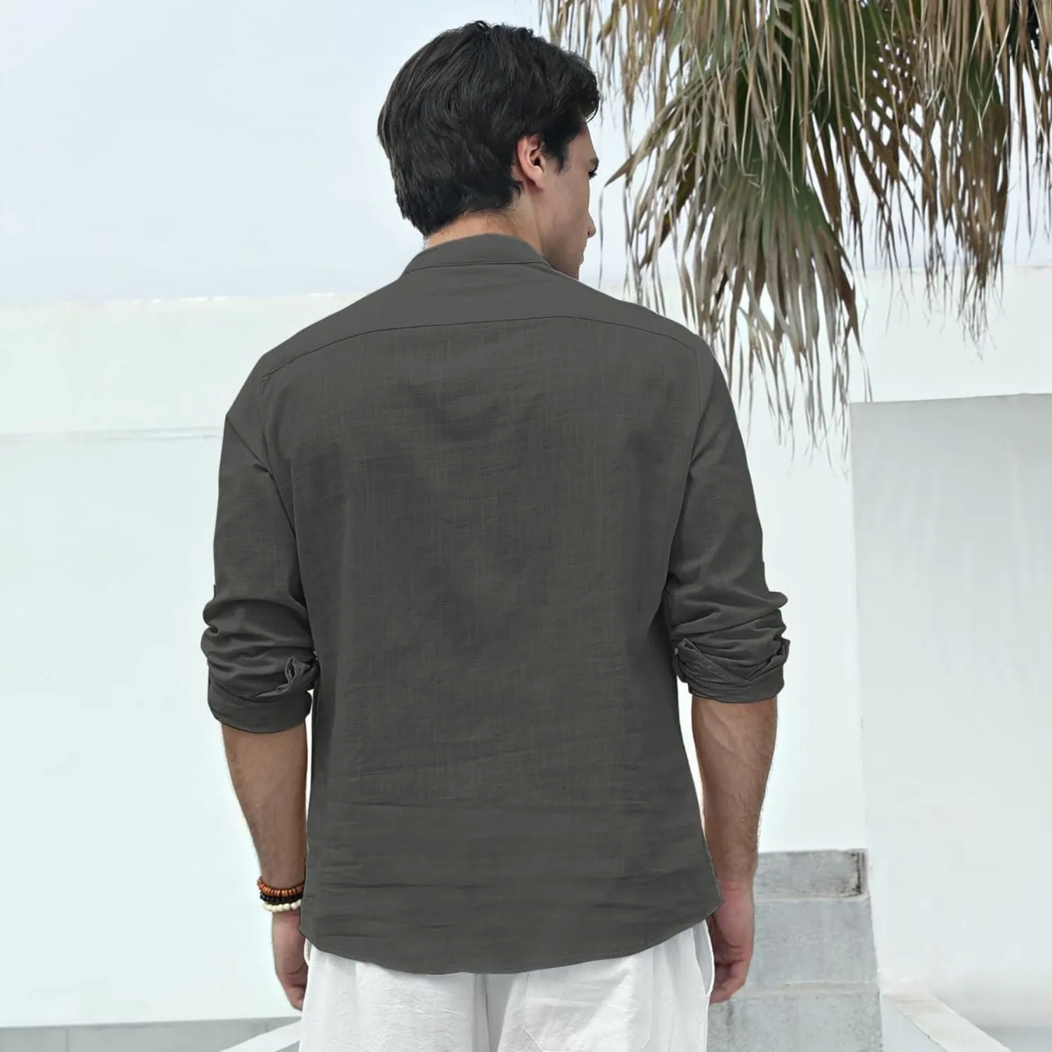 Men‘s Henley Shirt Cotton Linen with Pocket - DARK GRAY