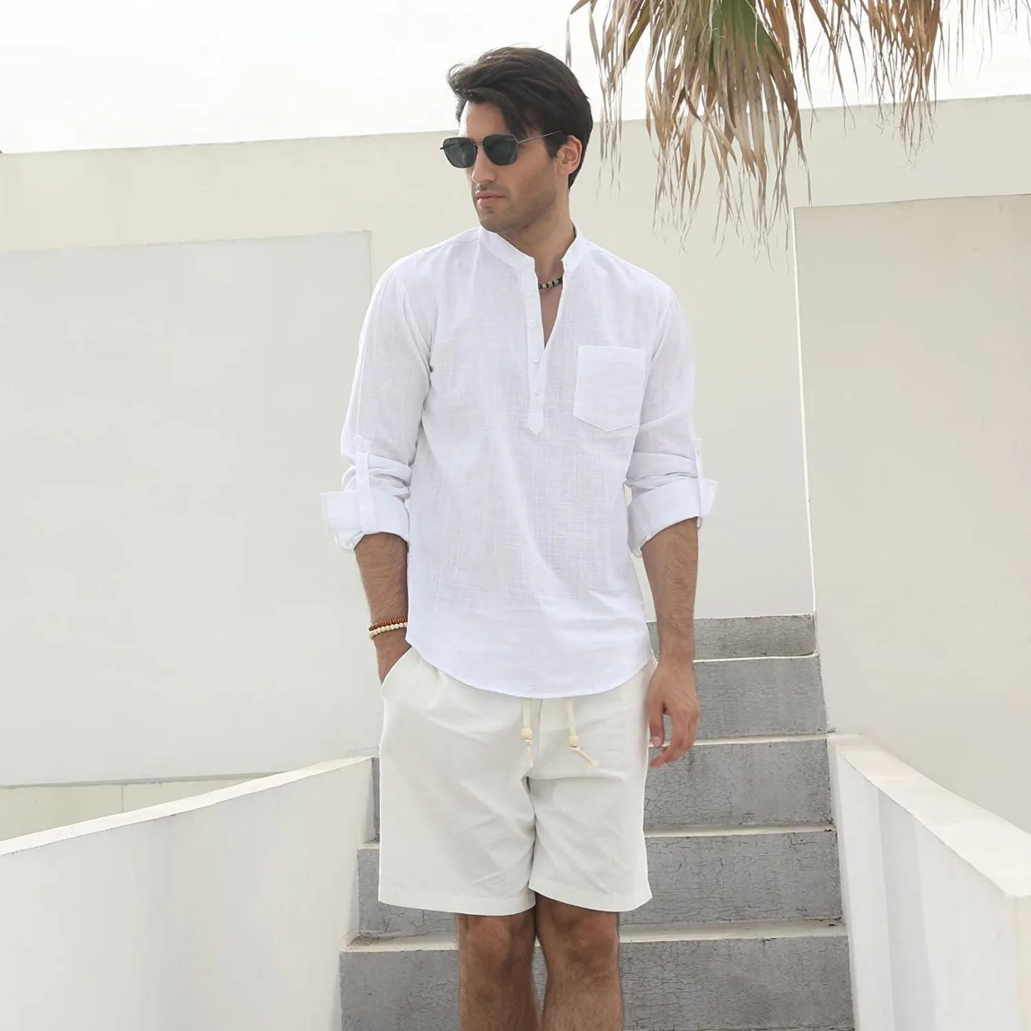 Men‘s Henley Shirt  Cotton Linen with Pocket - WHITE