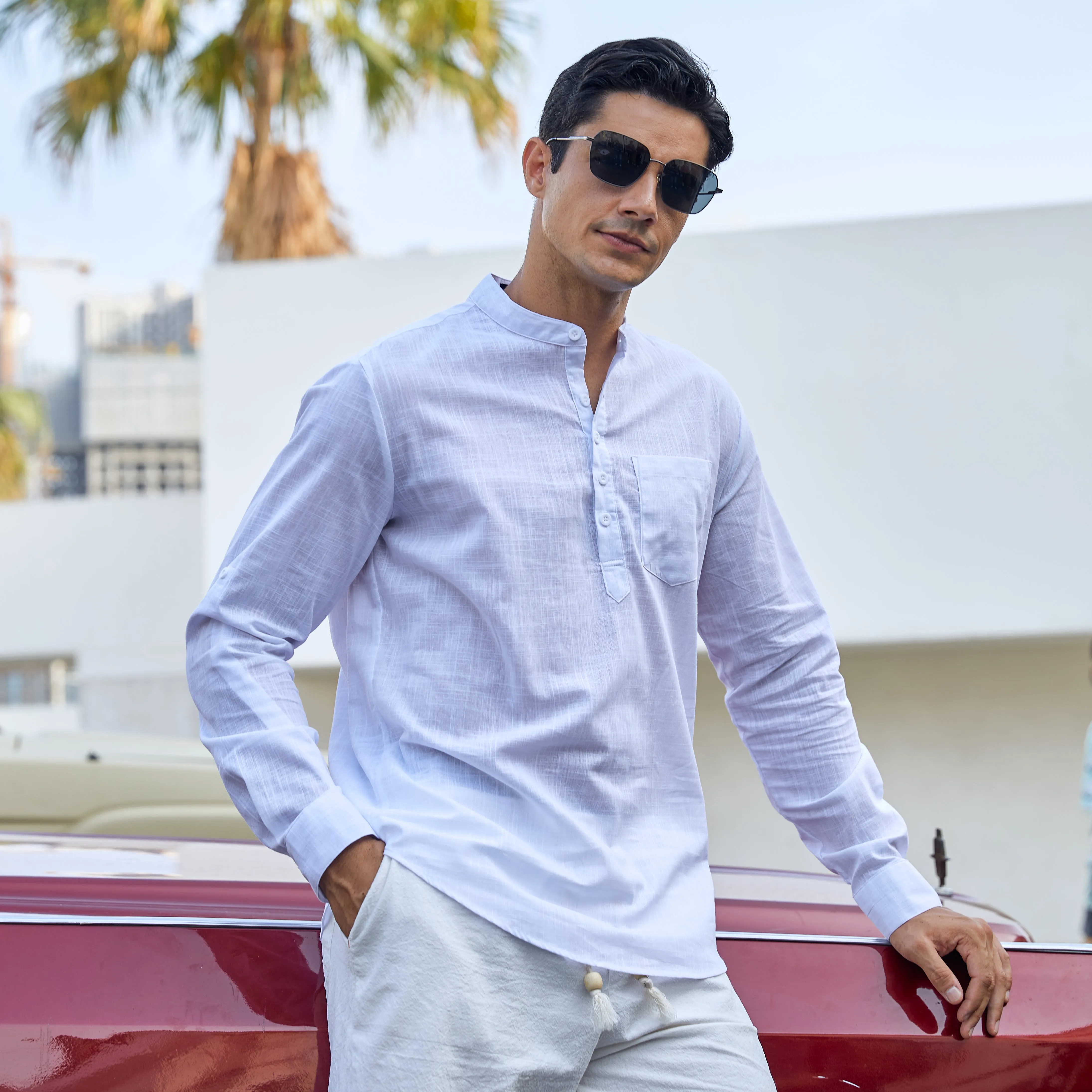 Men‘s Henley Shirt  Cotton Linen with Pocket - WHITE