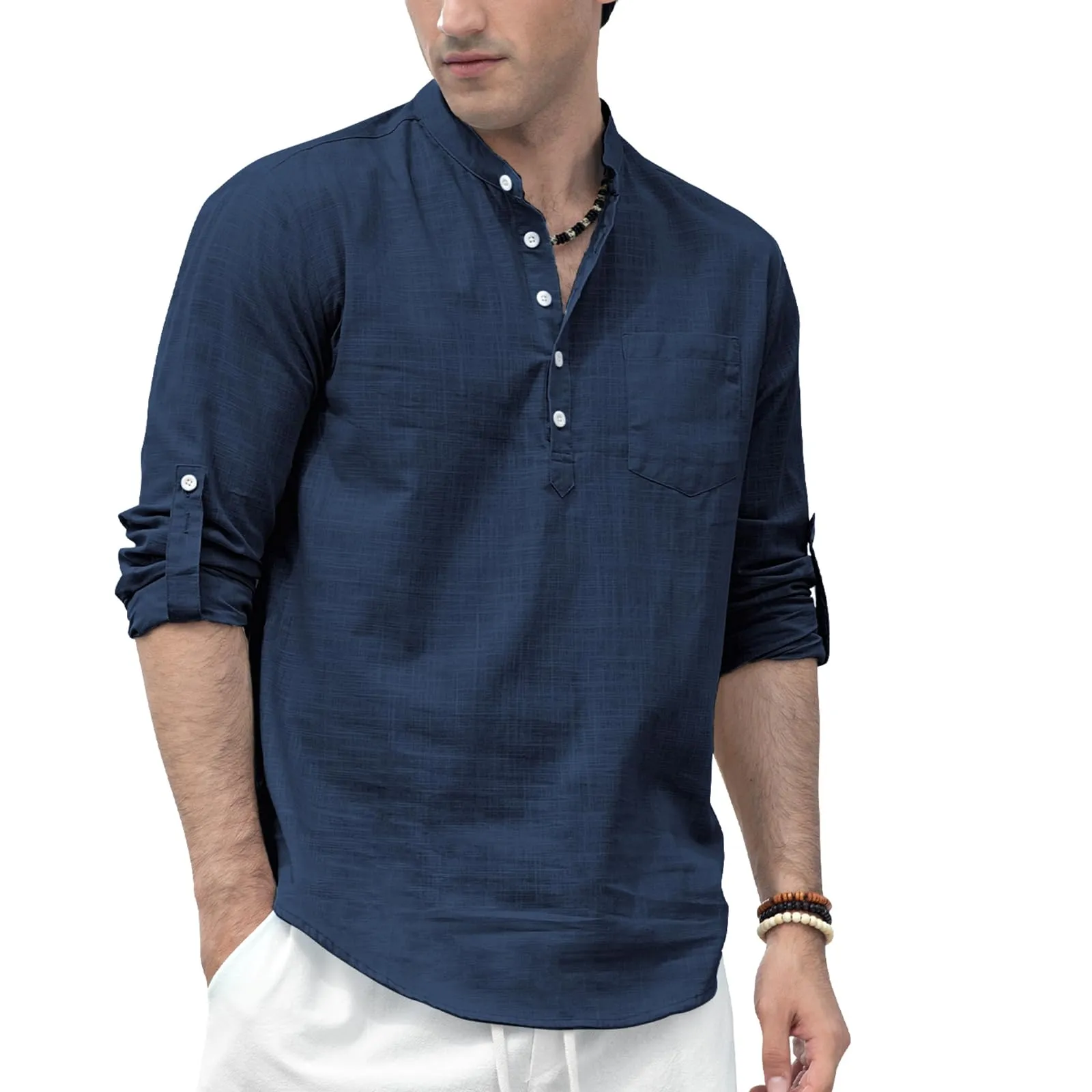 Men‘s Henley Shirt Long Sleeve with Pocket - NAVY BLUE