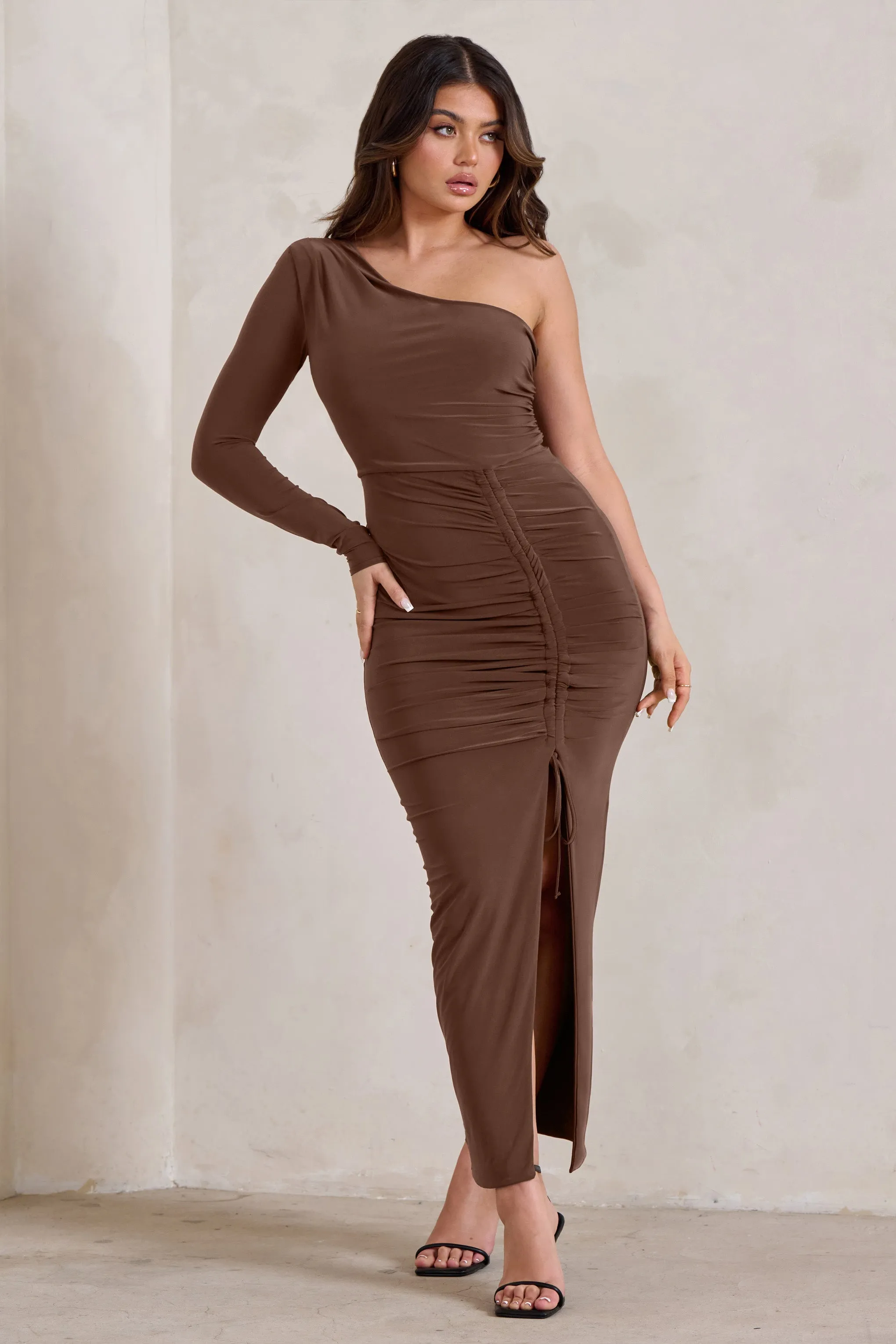 Mystical | Chocolate Brown One Shoulder Maxi Dress With Side Split