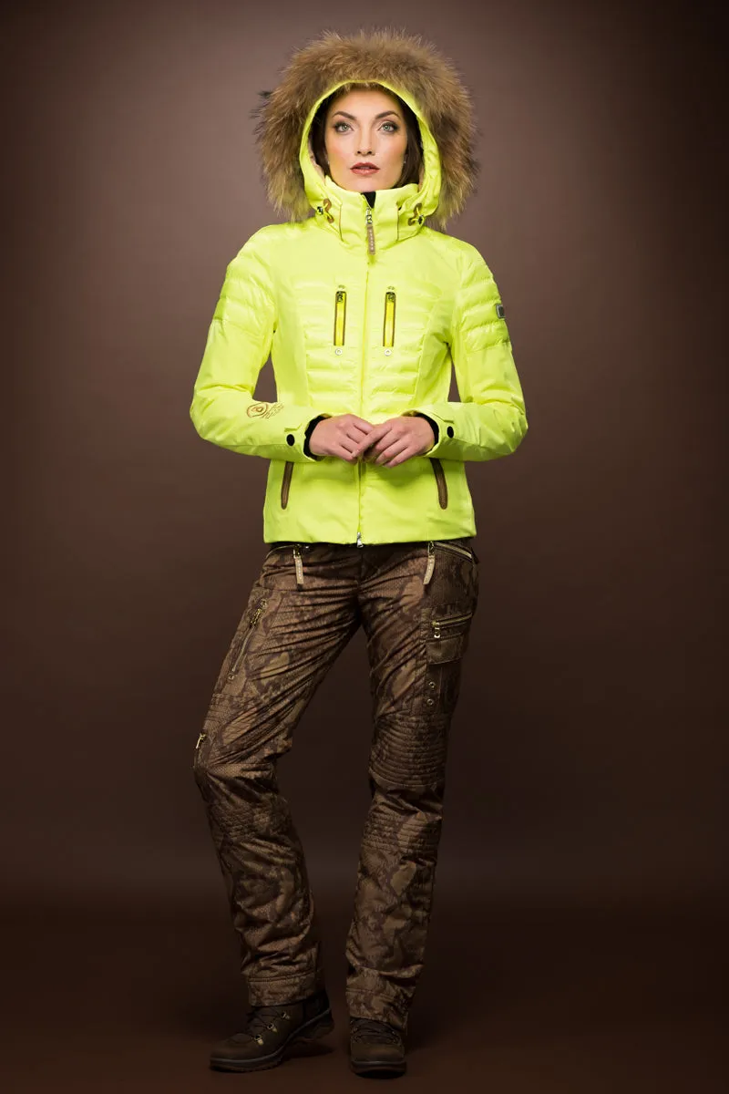 Nica-DT Down Glowing Green Ski Jacket & Raccoon Fur Trim