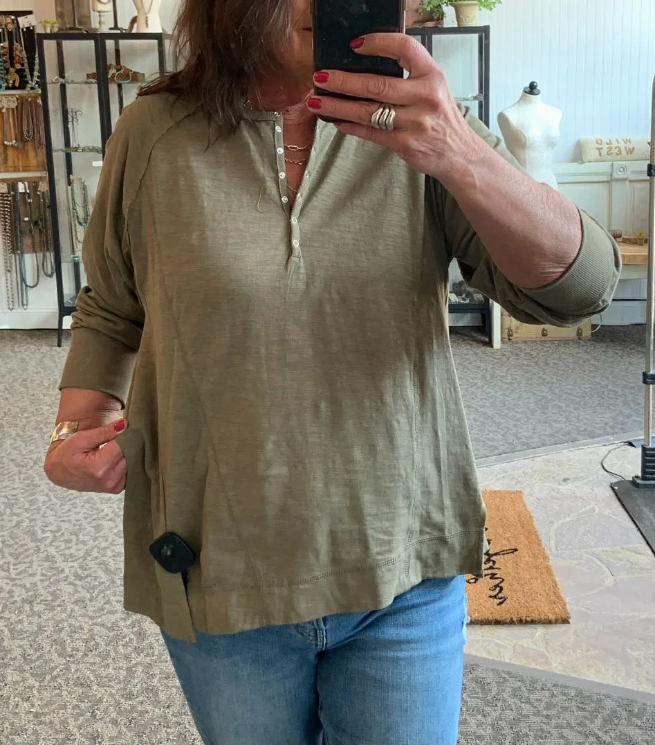 Olive Washed Cotton Oversized Henley T Shirt - S to XL