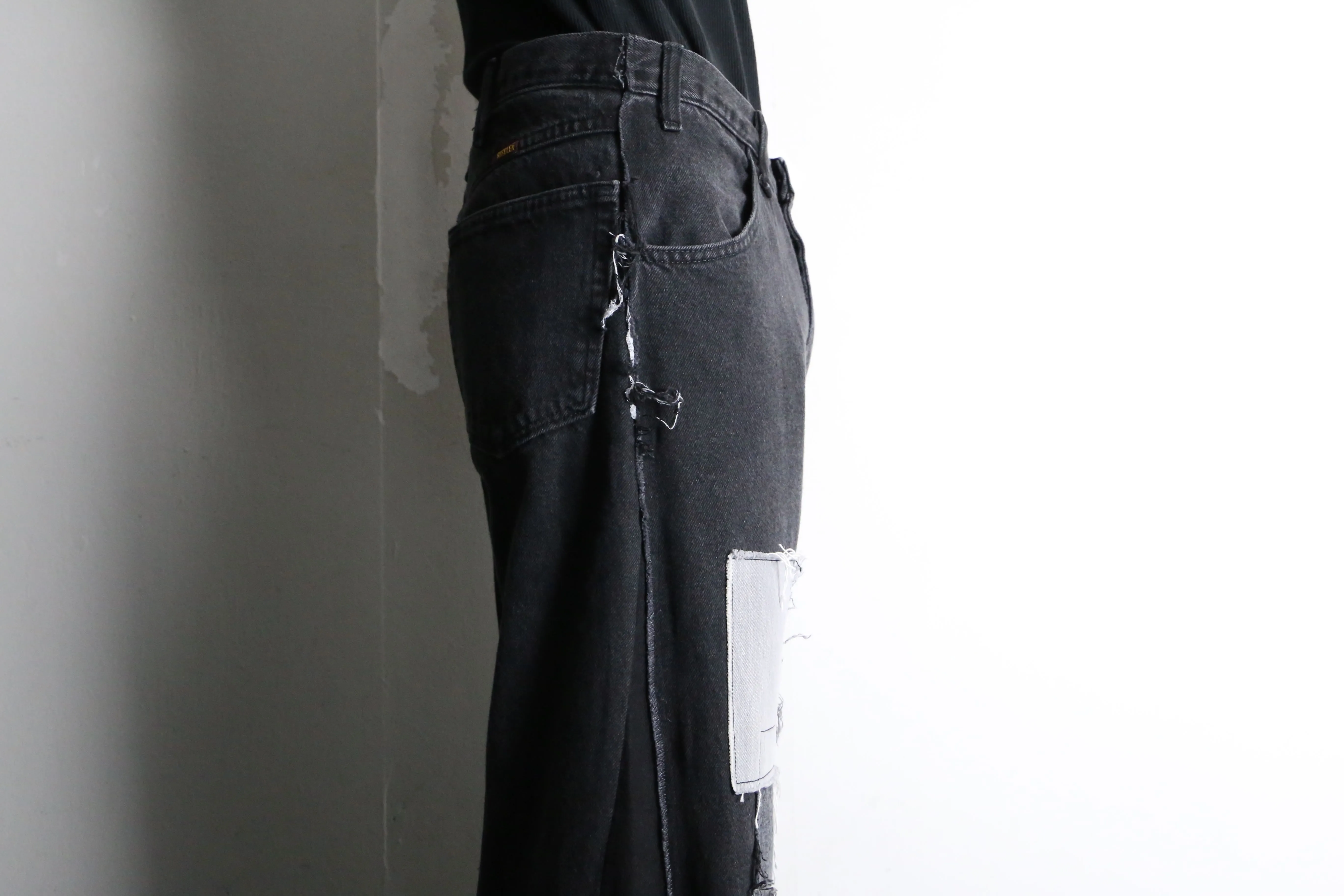 "Re:make" patchwork design black flare denim