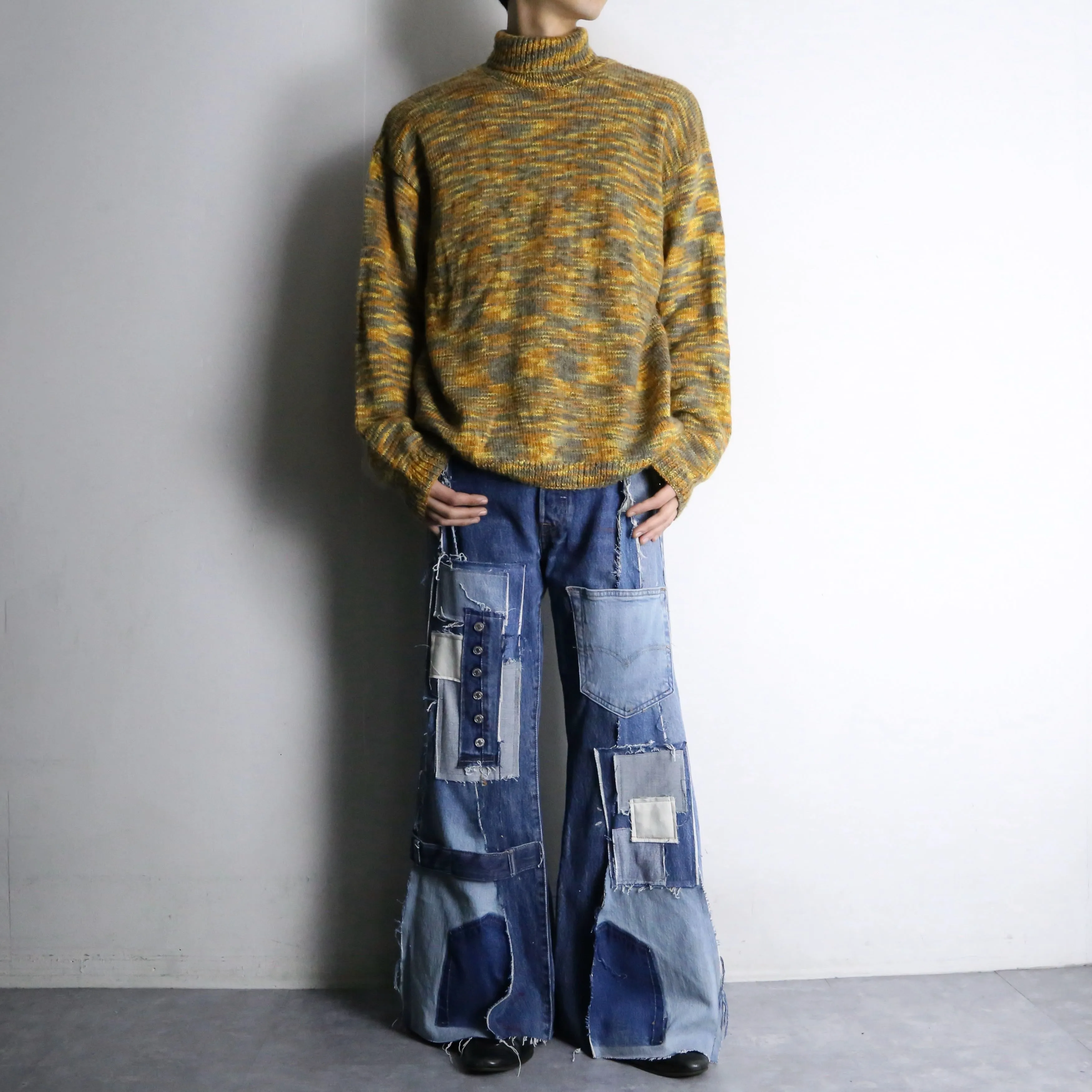 “Re:make” patchwork design super flare denim pants