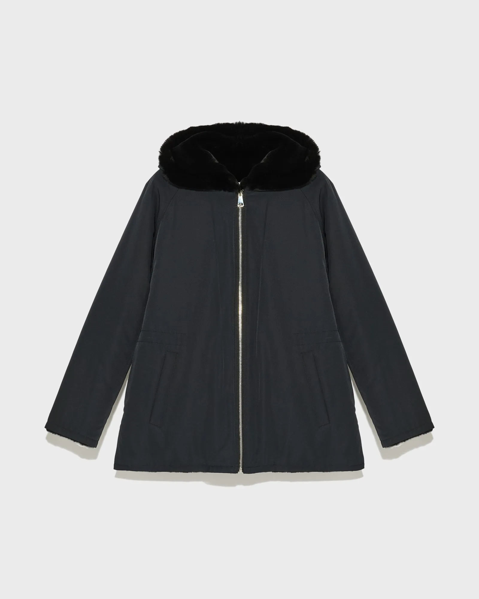 Reversible hooded parka in rabbit rex fur and technical fabric