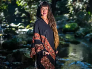 SAMADHI Handmade Poncho Black Yak Wool and Acrylic Wool Blend With Large Hood and Pockets, Earthy Tribal Pattern Festival AJJAYA Mexican